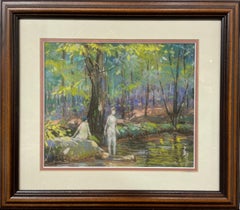 Bañistas junto a estanque, Impresionista americano, Pastel sobre papel