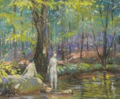 Bañistas junto a estanque, Impresionista americano, Pastel sobre papel