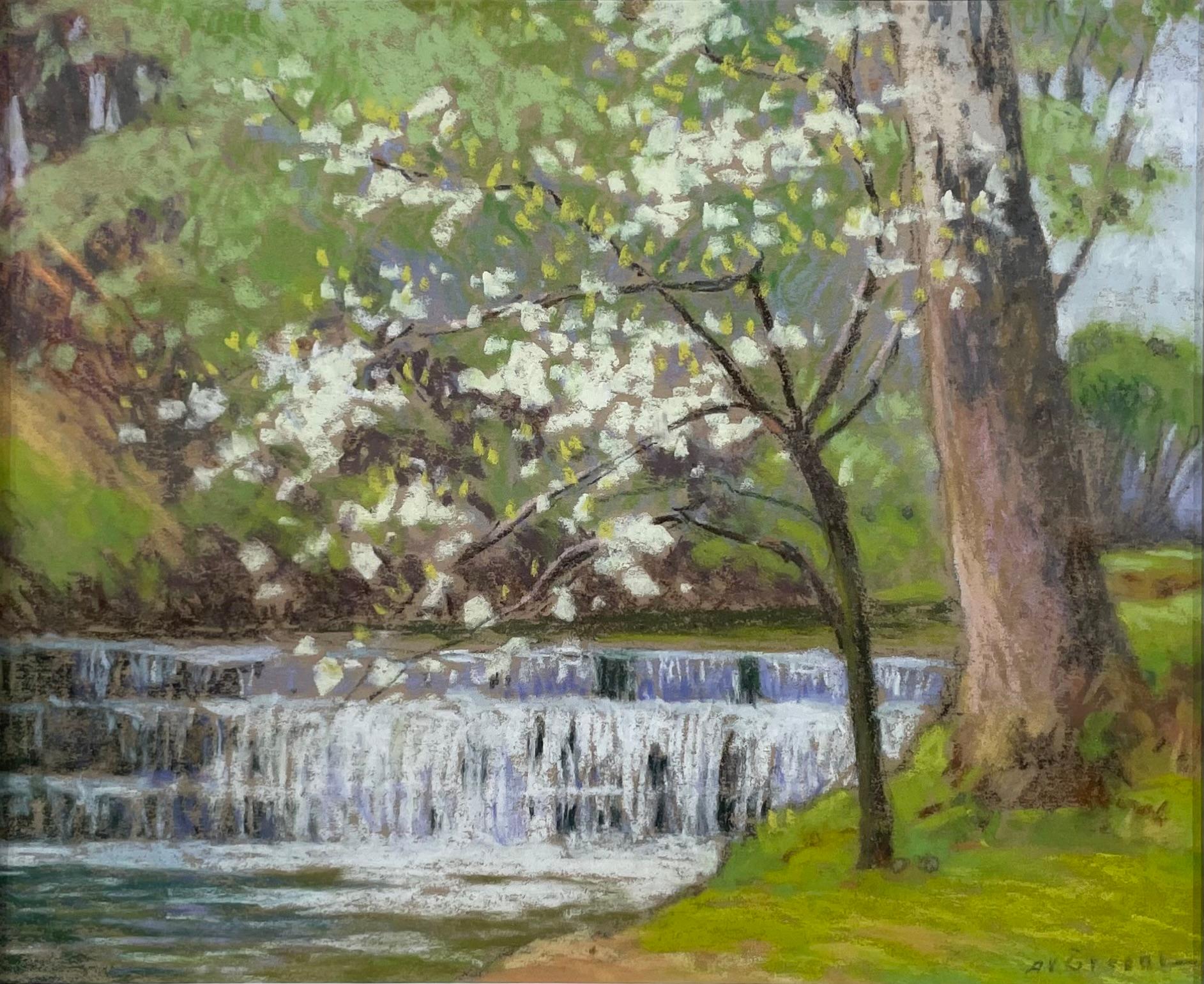 Waterfall with Dogwood, American Impressionist - Mixed Media Art by Albert Van Nesse Greene