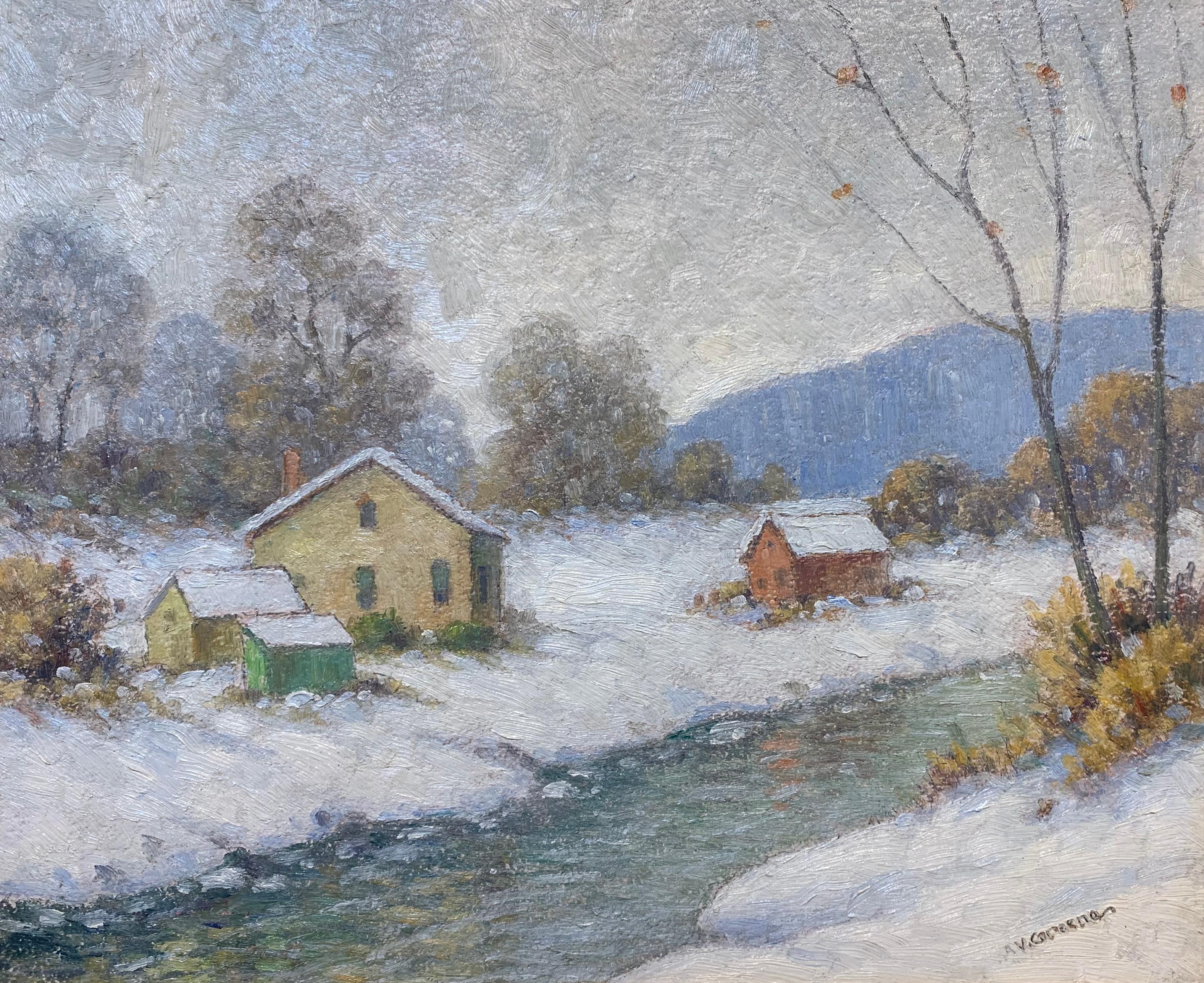 French Creek, Winter, American Impressionist Winter Landscape,  Oil on Board - Painting by Albert Van Nesse Greene