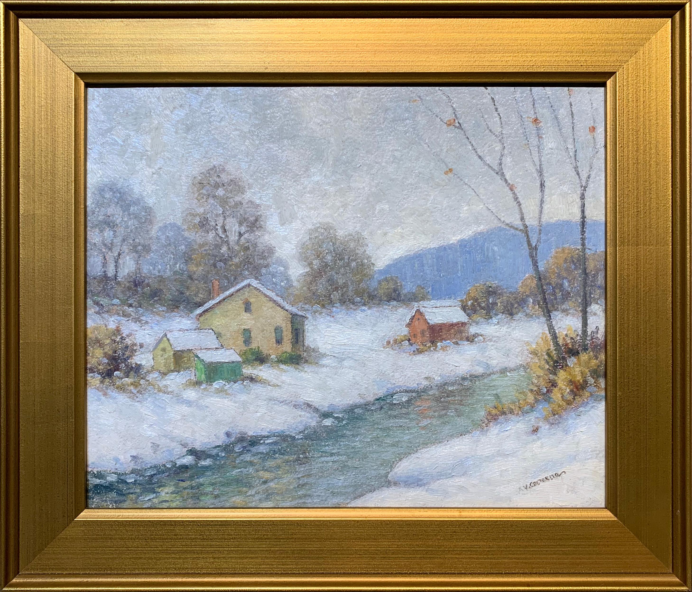 Albert Van Nesse Greene Landscape Painting - French Creek, Winter, American Impressionist Winter Landscape,  Oil on Board
