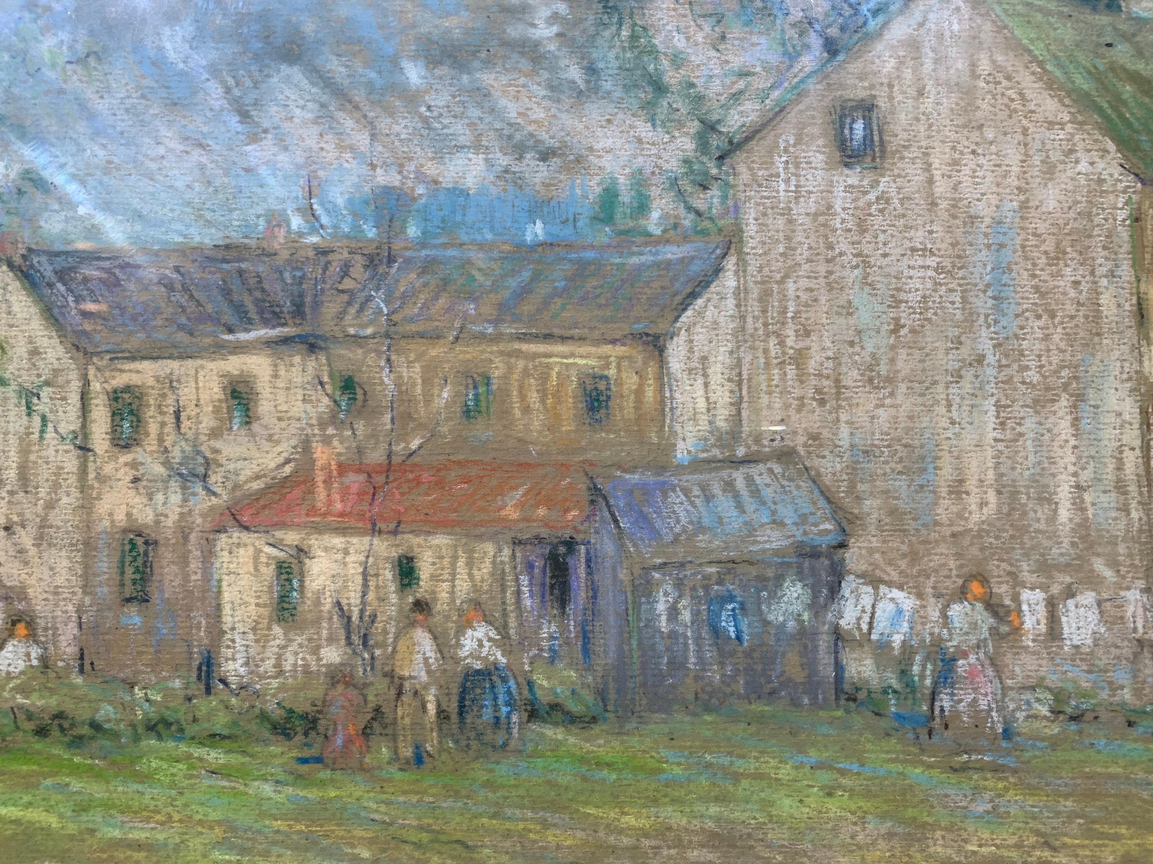 Hallman's, American Impressionist Landscape with Figures and Farmhouse - Gray Landscape Painting by Albert Van Nesse Greene