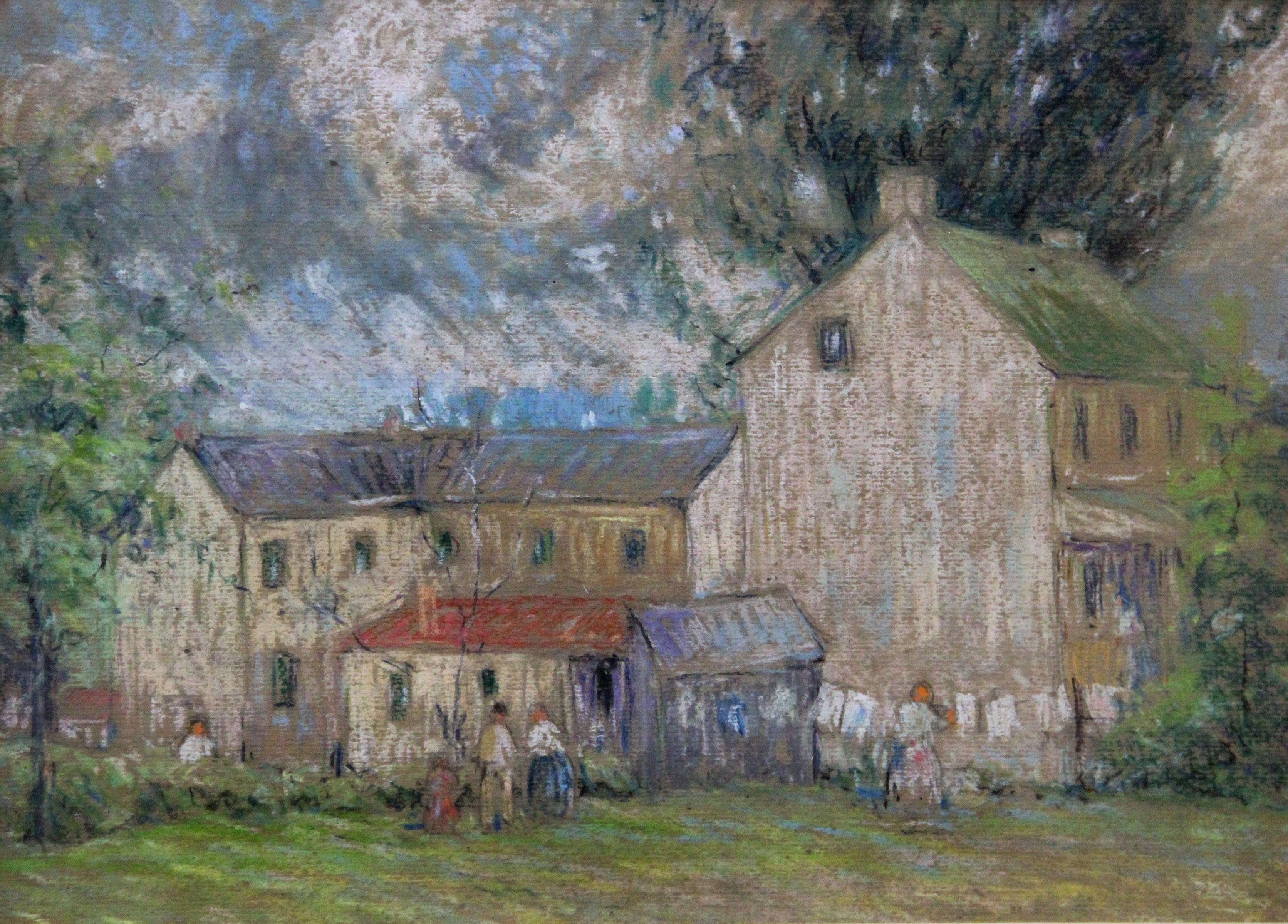 Albert Van Nesse Greene Landscape Painting - Hallman's, American Impressionist Landscape with Figures and Farmhouse