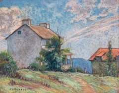 Landscape with Houses, American Impressionist Landscape, Pastel on Paper