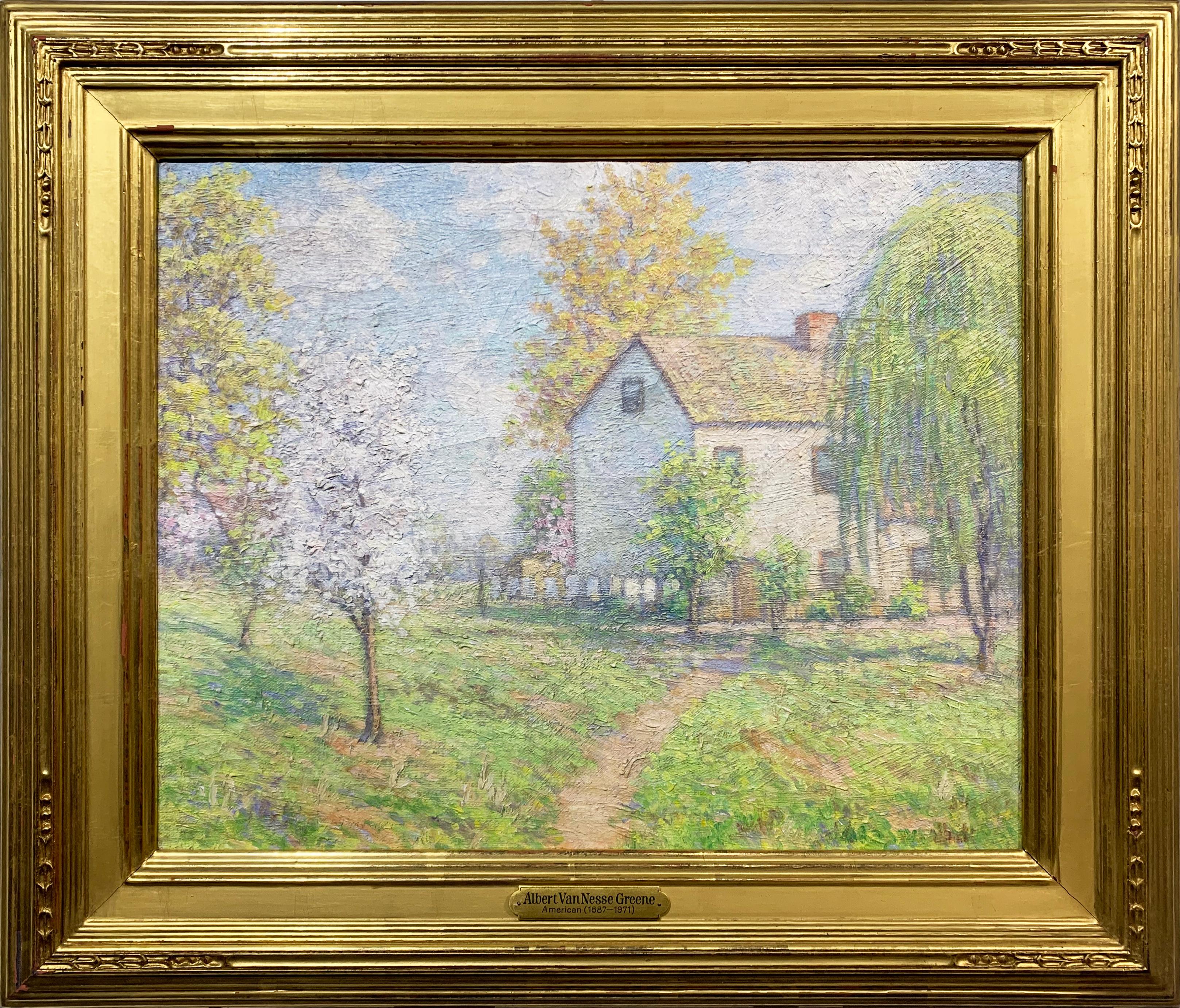 Sendero de primavera, paisaje impresionista americano, óleo sobre lienzo
