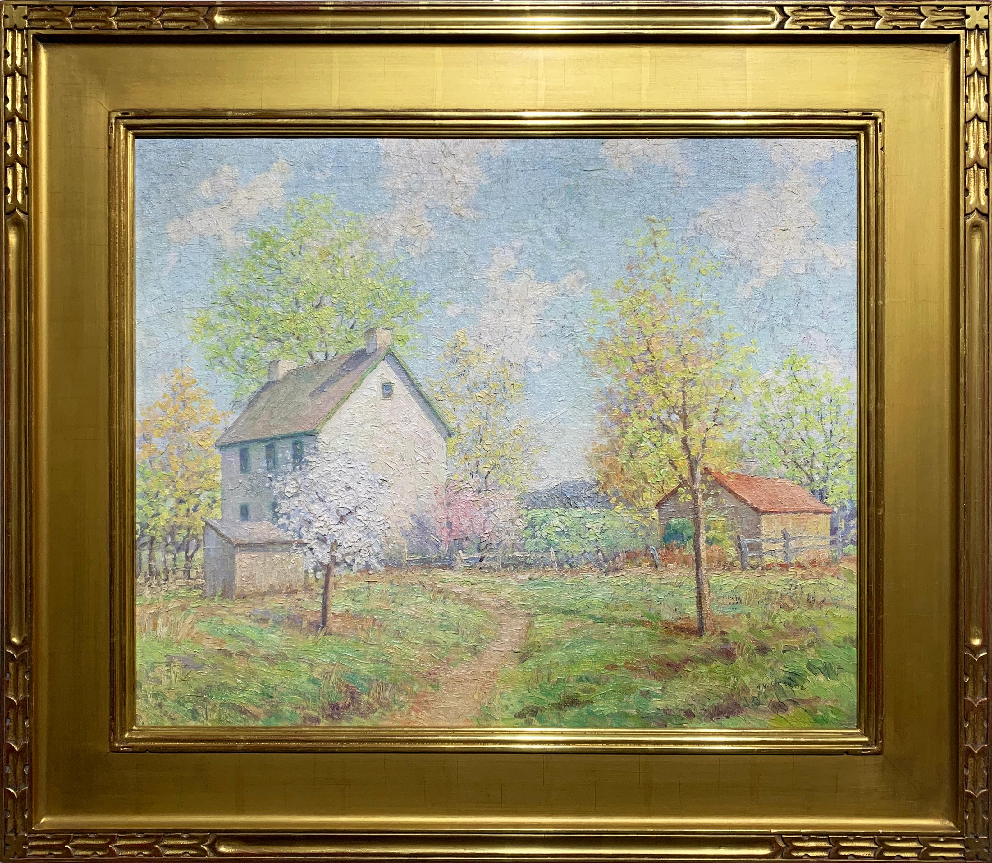 Landscape Painting de Albert Van Nesse Greene - La alegría de la primavera, Paisaje impresionista americano, Escena de granja, Óleo sobre lienzo