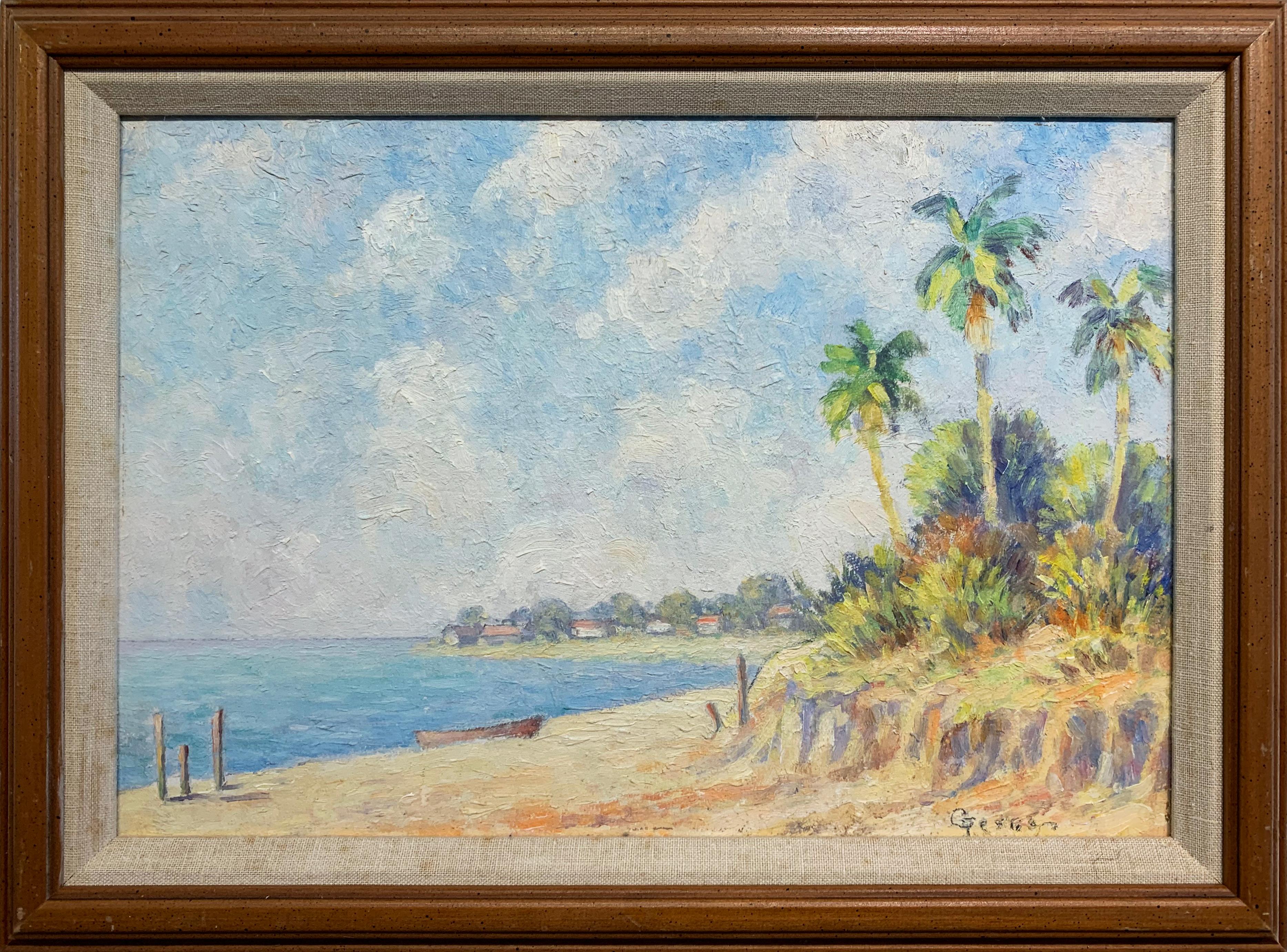 Mid Century Vintage Tropical Beach Scene Oil On Board Beachwood Frame