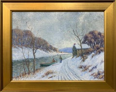 Two Figures by River, American Impressionist Snow Winter Landscape