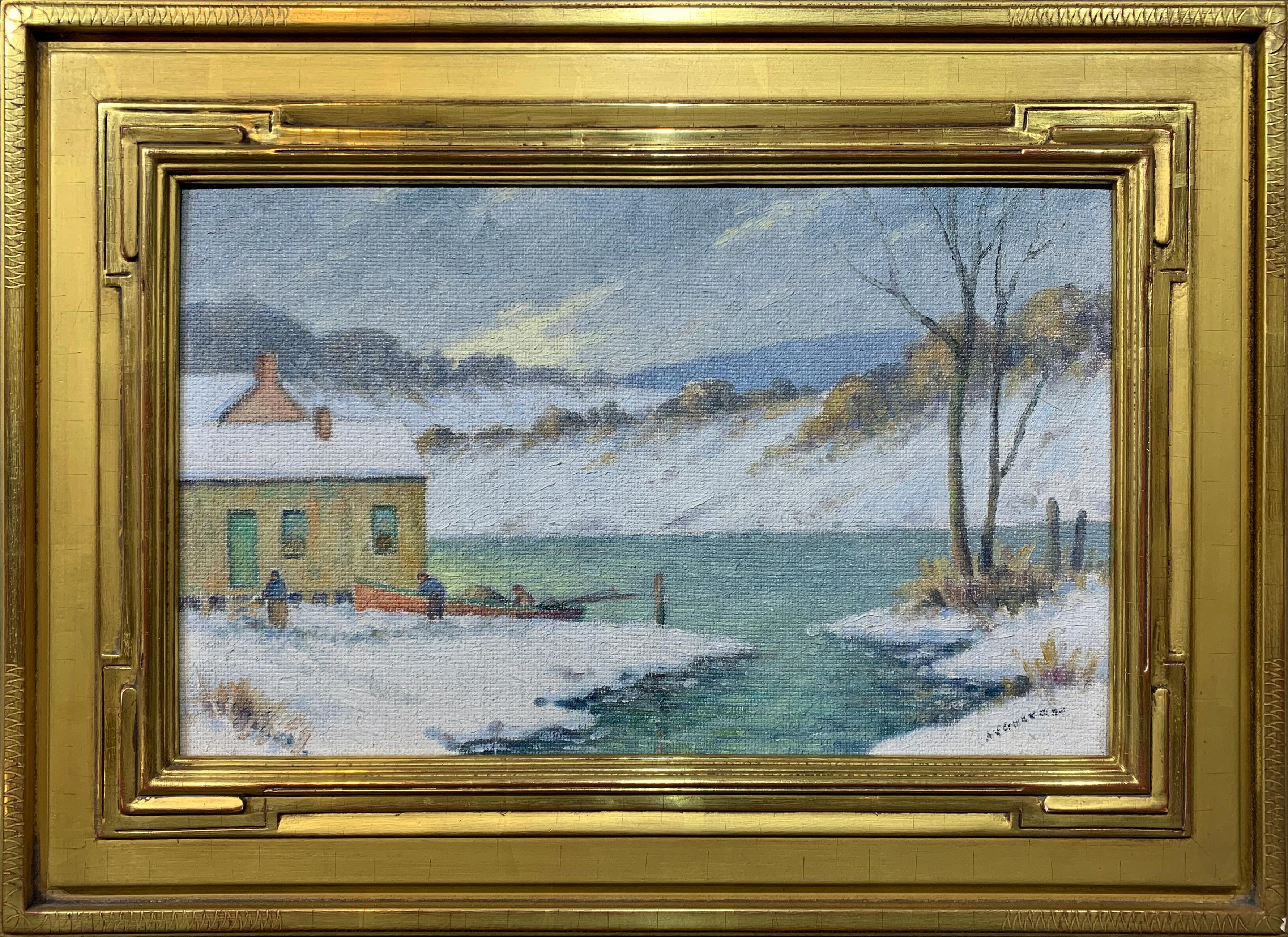 Winter Fishermen, American Impressionist Snowy Landscape by the River