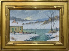 Antique Winter Fishermen, American Impressionist Snowy Landscape by the River