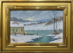 Fishermen d'hiver, paysage de neige impressionniste américain par la rivière