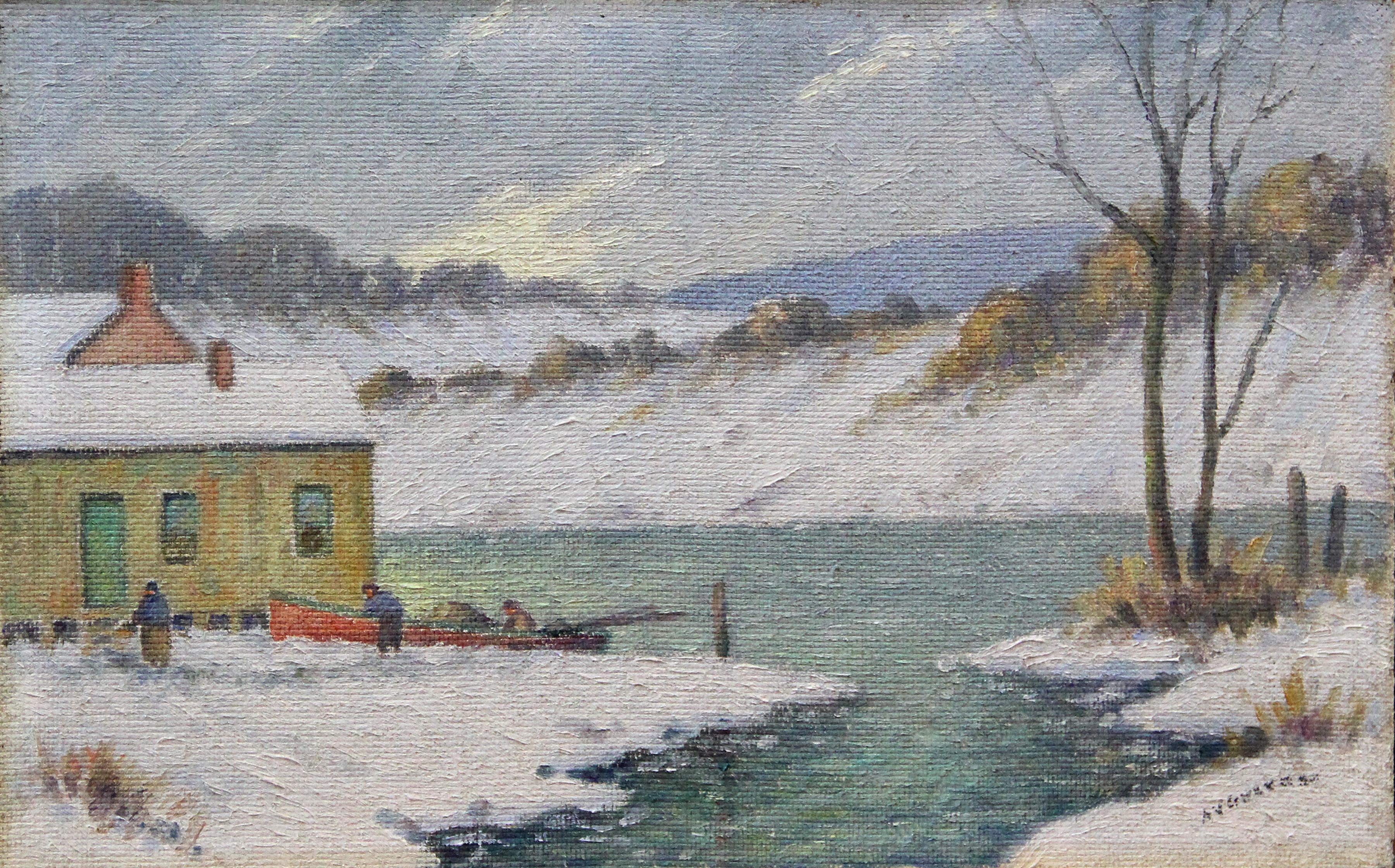 Winter Fishermen, American Impressionist Snowy Landscape by the River - Painting by Albert Van Nesse Greene