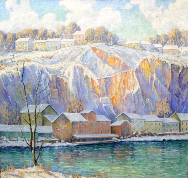 Winter Quarry River House, American Impressionist Snowy Landscape, Oil on Canvas - Painting by Albert Van Nesse Greene