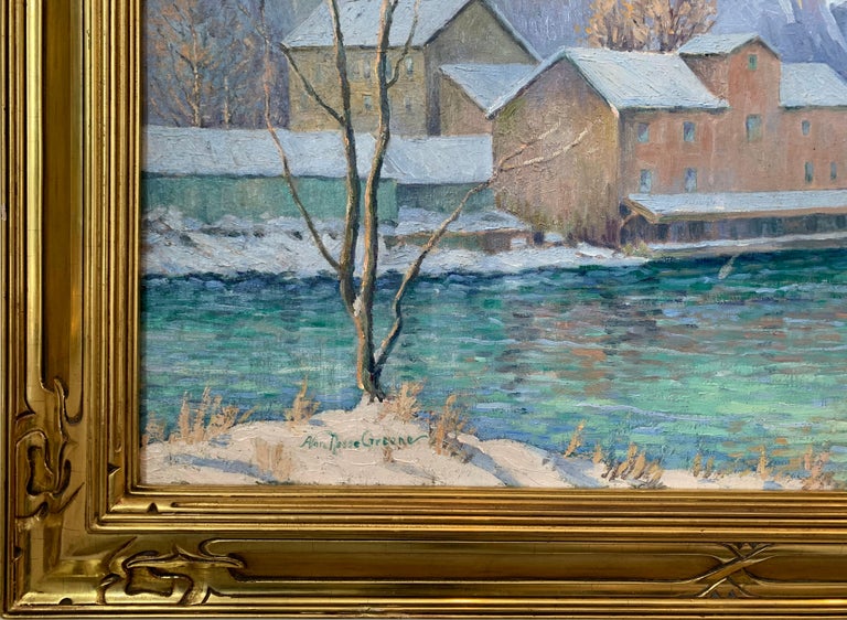 Winter Quarry River House, American Impressionist Snowy Landscape, Oil on Canvas - Gray Landscape Painting by Albert Van Nesse Greene