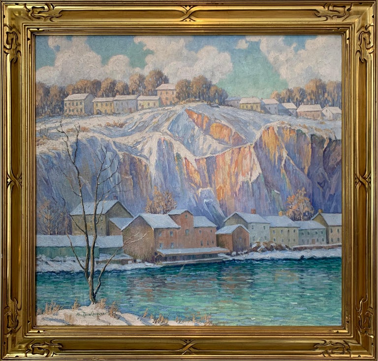 Albert Van Nesse Greene Landscape Painting - Winter Quarry River House, American Impressionist Snowy Landscape, Oil on Canvas