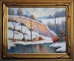 Winter-Sonnenuntergang, amerikanische impressionistische Schneelandschaft, Öl auf Karton, signiert