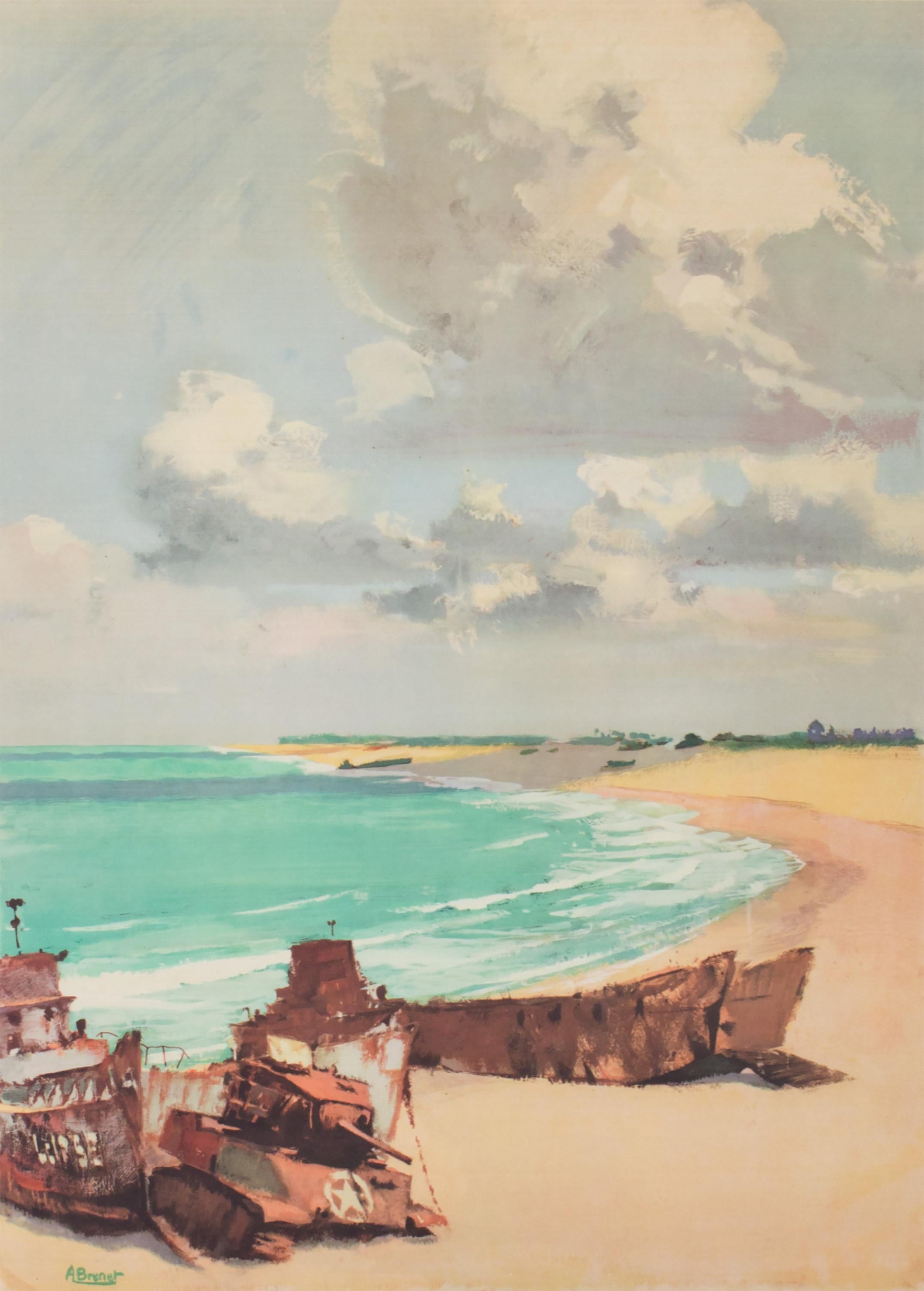 Landing Beaches of Normandy, French National Railroads - Beige Landscape Print by Albert Victor Eugene Brenet
