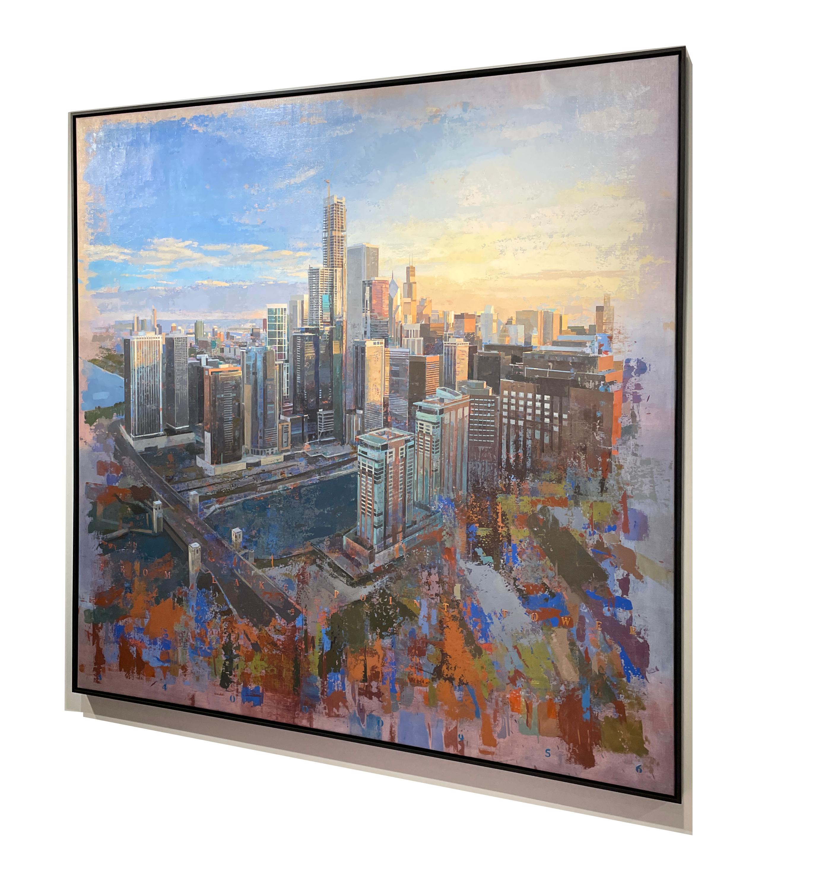 American City, Abstracted Landscape of Chicago Skyline, Original Acrylic  - Painting by Albert Vidal Moreno
