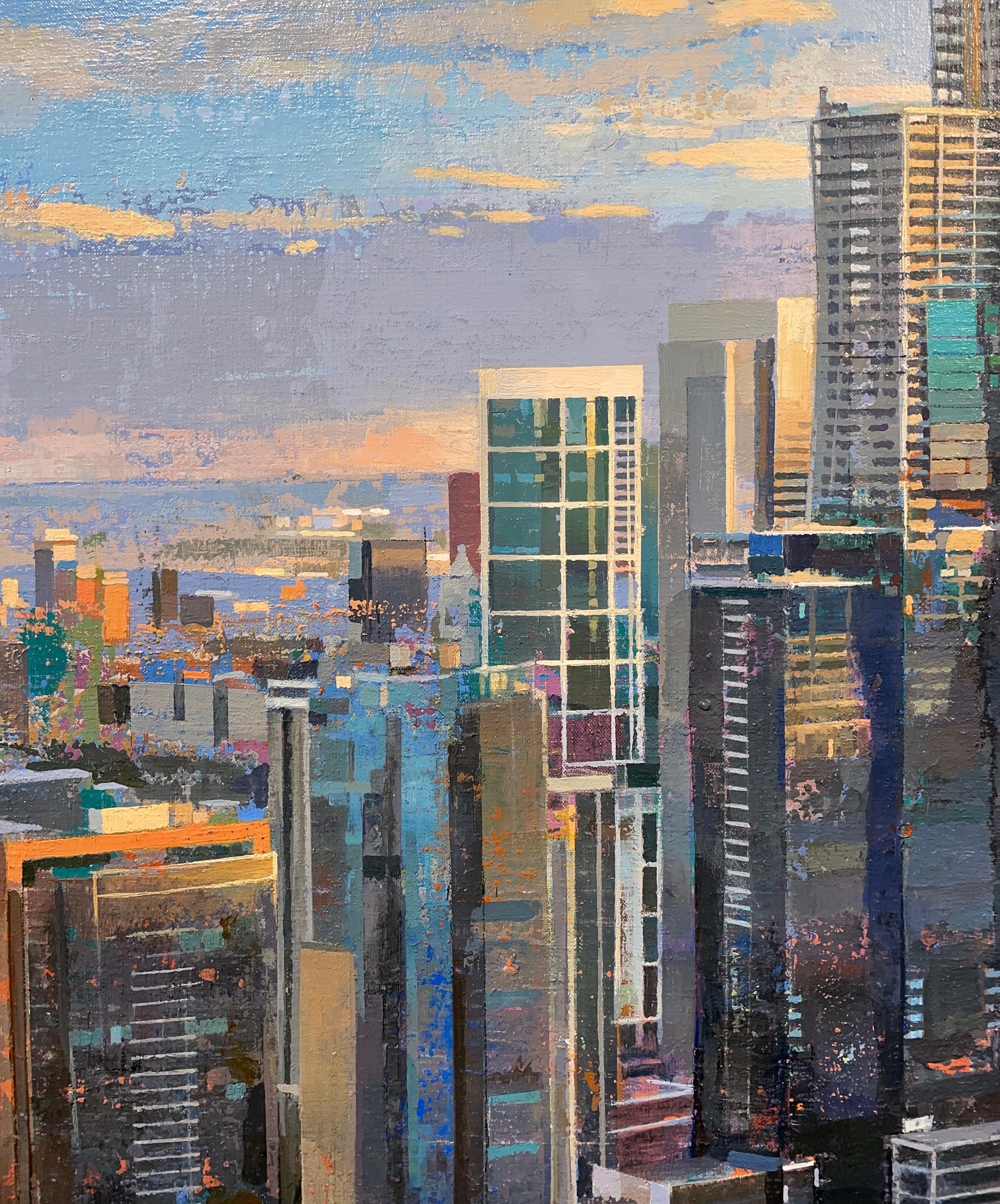 American City, Abstracted Landscape of Chicago Skyline, Original Acrylic  - Contemporary Painting by Albert Vidal Moreno