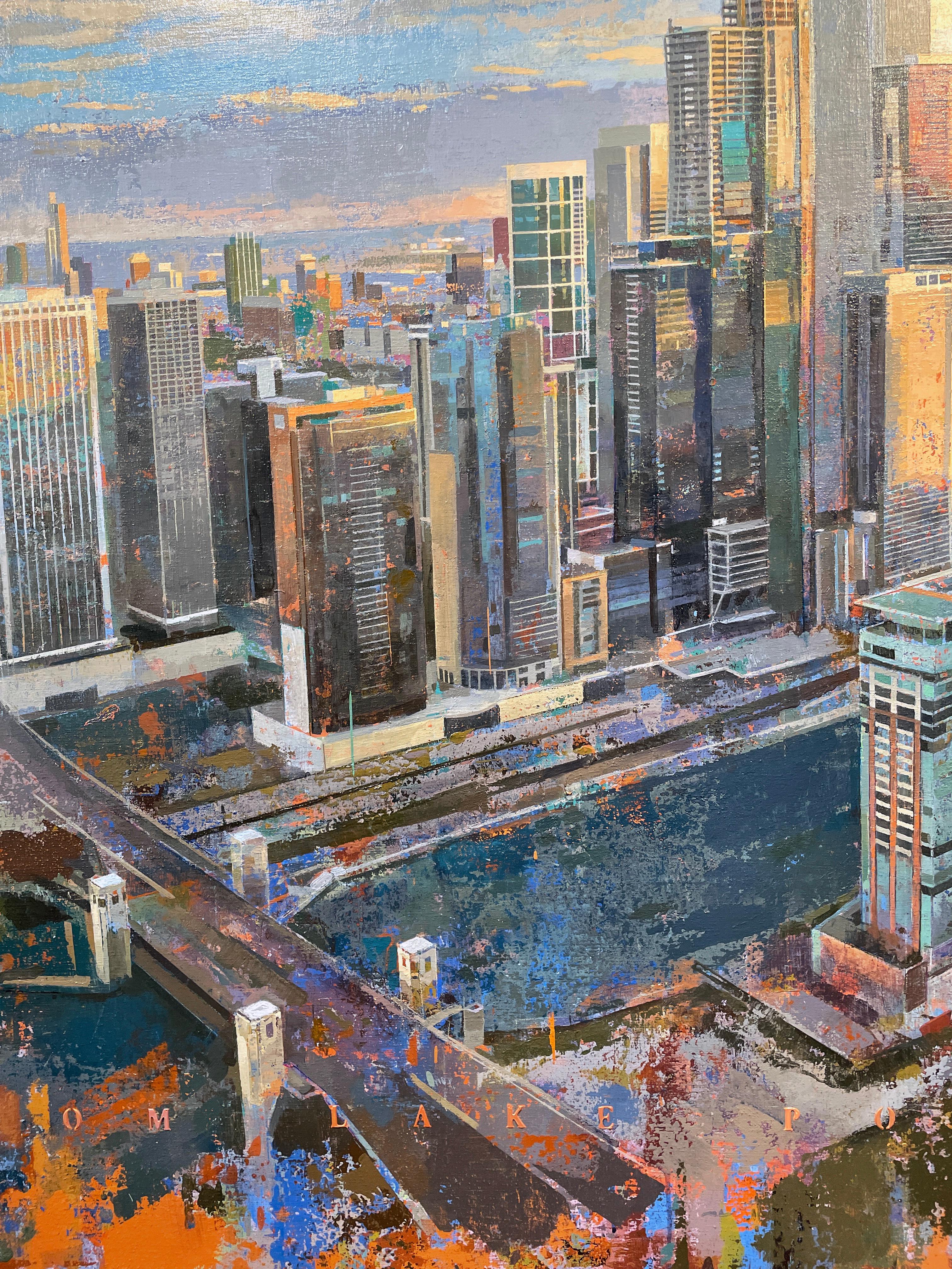 American City, Abstracted Landscape of Chicago Skyline, Original Acrylic  - Gray Landscape Painting by Albert Vidal Moreno