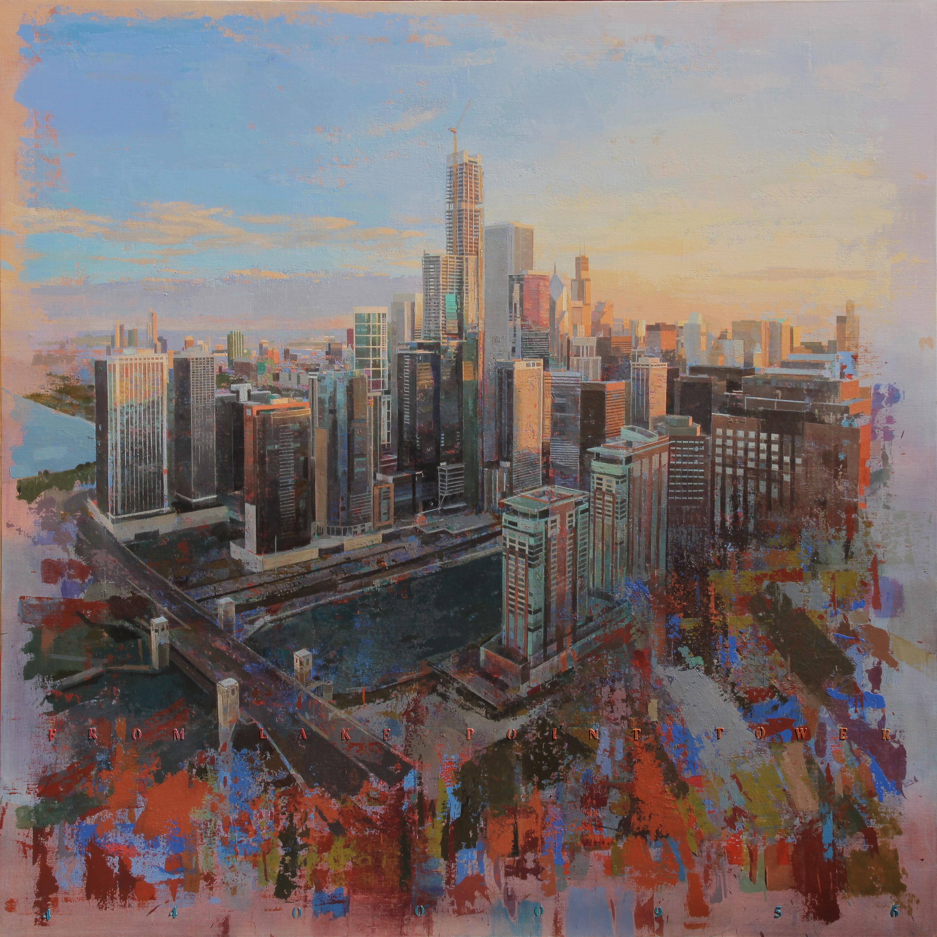 Albert Vidal Moreno Landscape Painting - American City, Abstracted Landscape of Chicago Skyline, Original Acrylic 