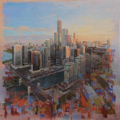 Amerikanische Stadt, Abstrakte Landschaft der Skyline von Chicago, Original Acryl 