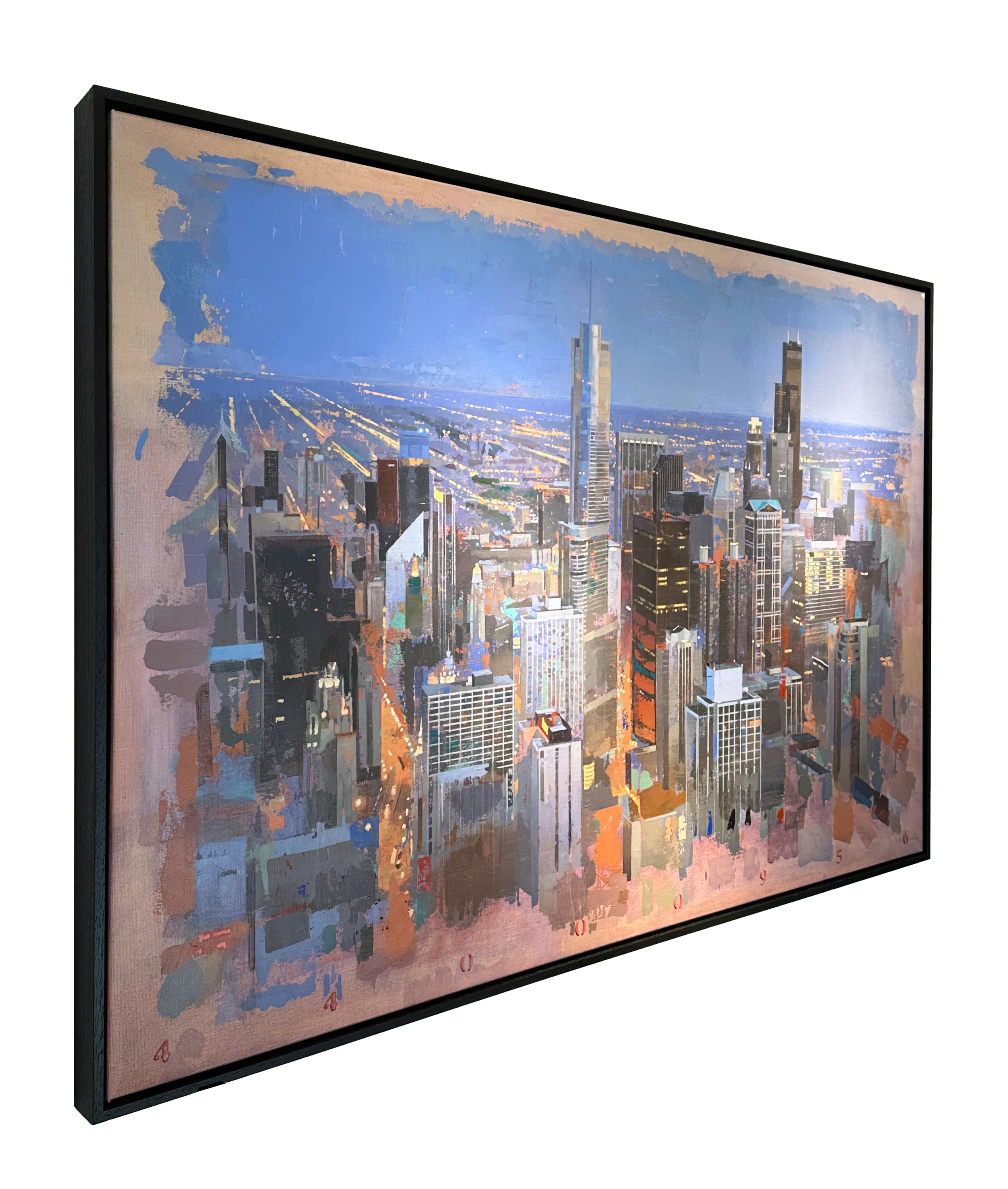 Noche de arándanos - Paisaje urbano del horizonte de Chicago - Albert Vidal - Painting de Albert Vidal Moreno