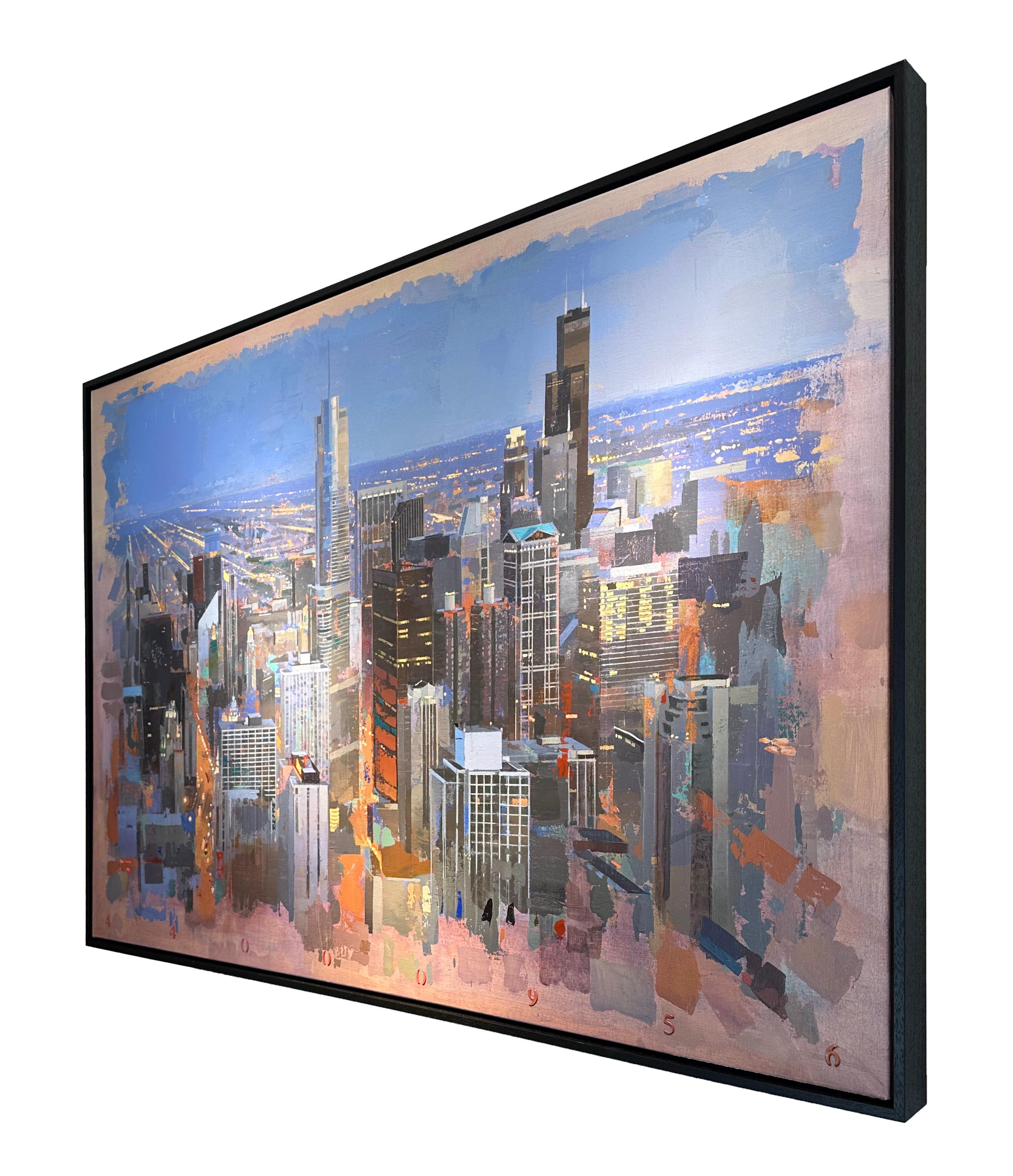 Noche de arándanos - Paisaje urbano del horizonte de Chicago - Albert Vidal - Painting Contemporáneo de Albert Vidal Moreno