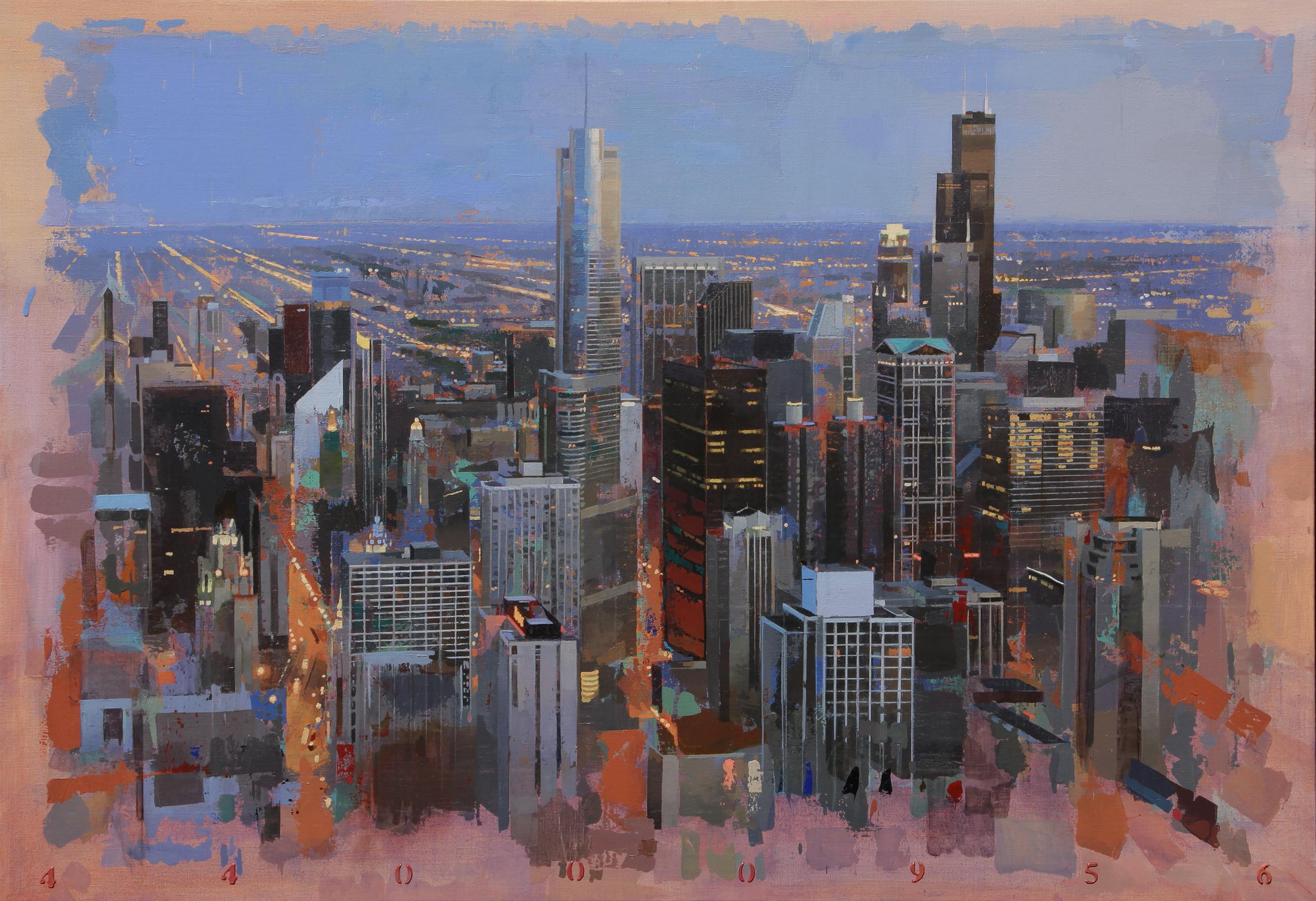 Abstract Painting de Albert Vidal Moreno - Noche de arándanos - Paisaje urbano del horizonte de Chicago - Albert Vidal