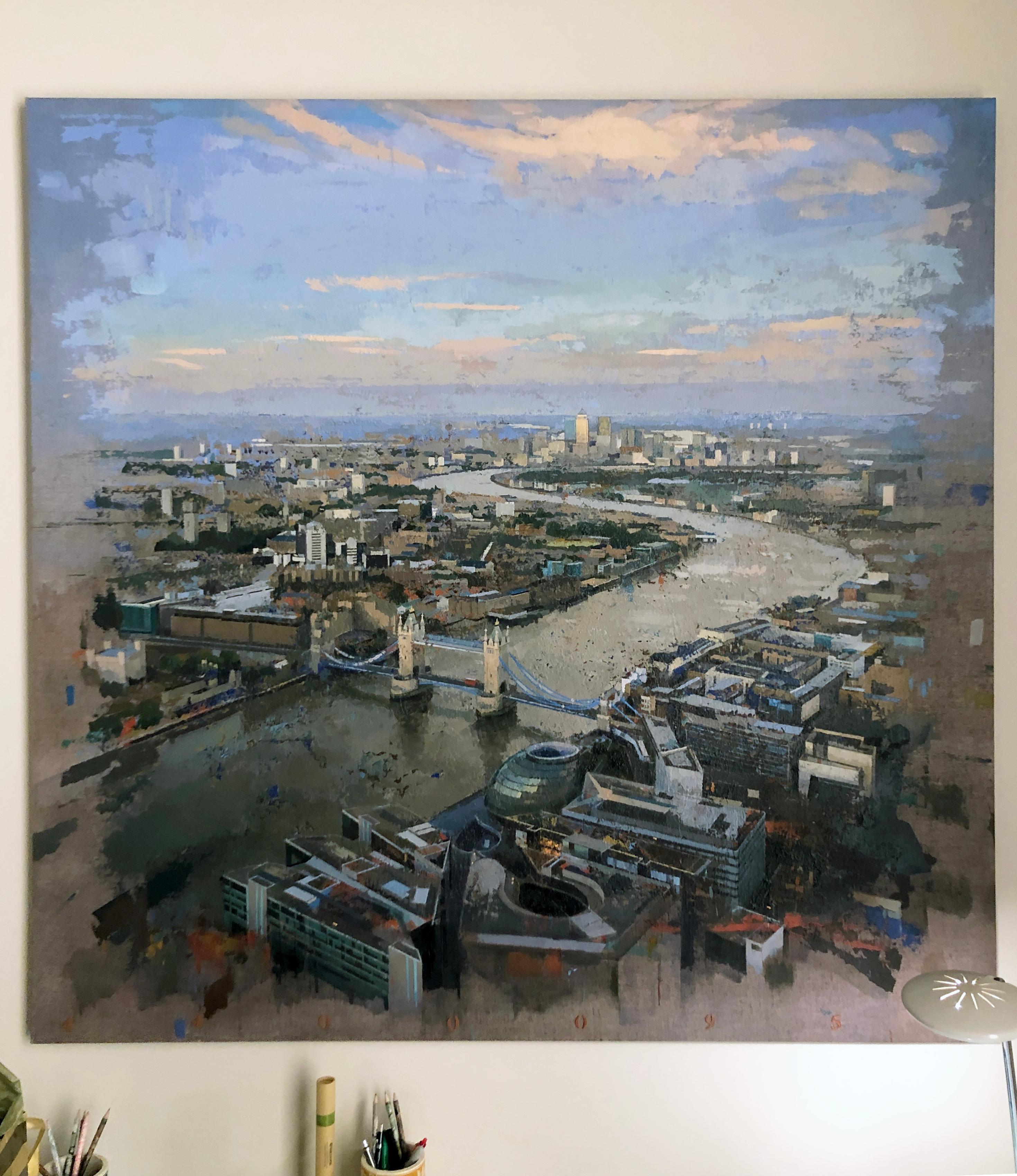 London Bridge - Original Painting on Linen, Areal View, Bridge and River Thames - Gray Landscape Painting by Albert Vidal Moreno