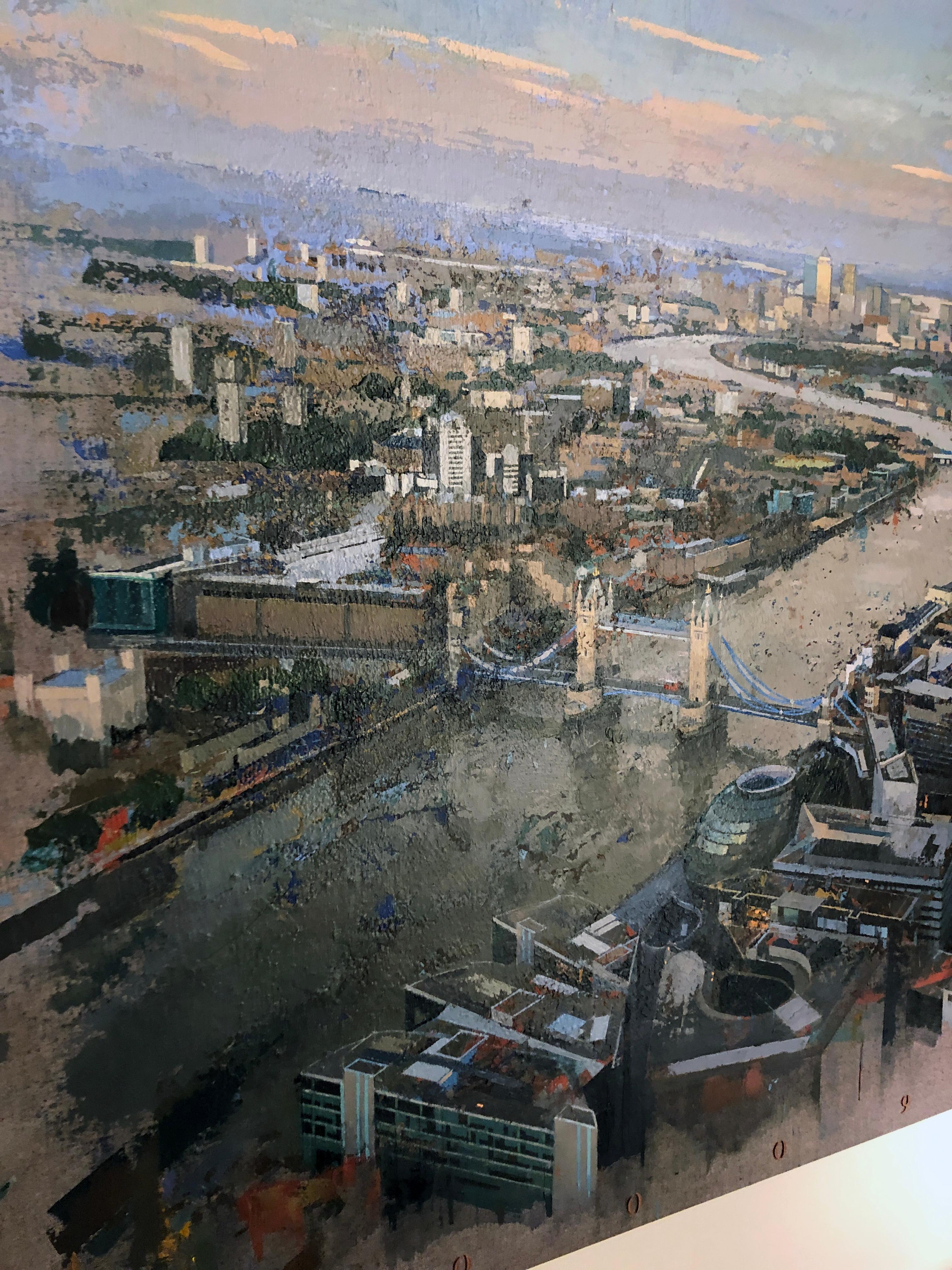 London Bridge - Pittura originale su lino, veduta areale, ponte e fiume Tamigi - Landscape Painting Grigio di Albert Vidal Moreno