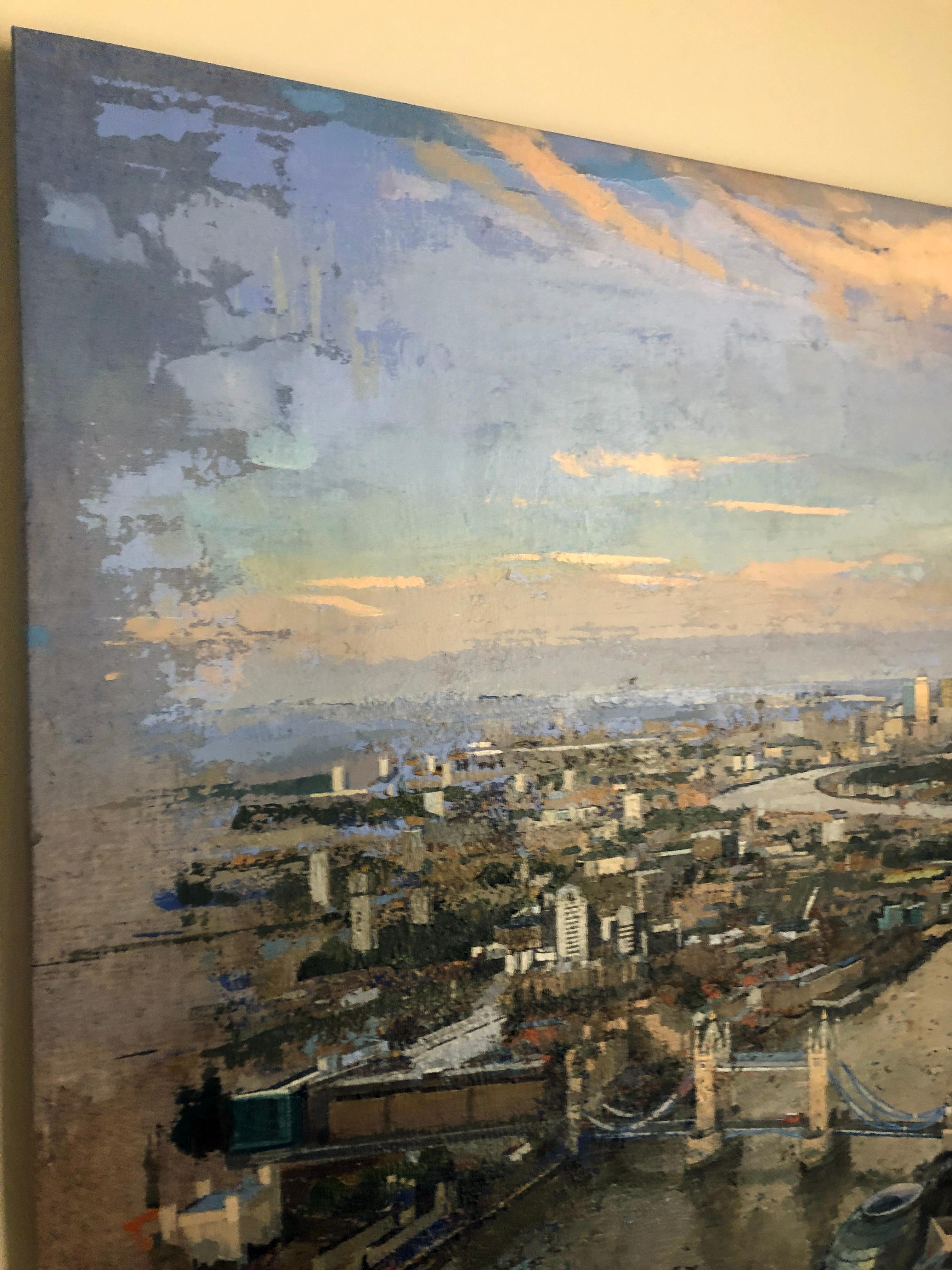 London Bridge - Original Painting on Linen, Areal View, Bridge and River Thames For Sale 2