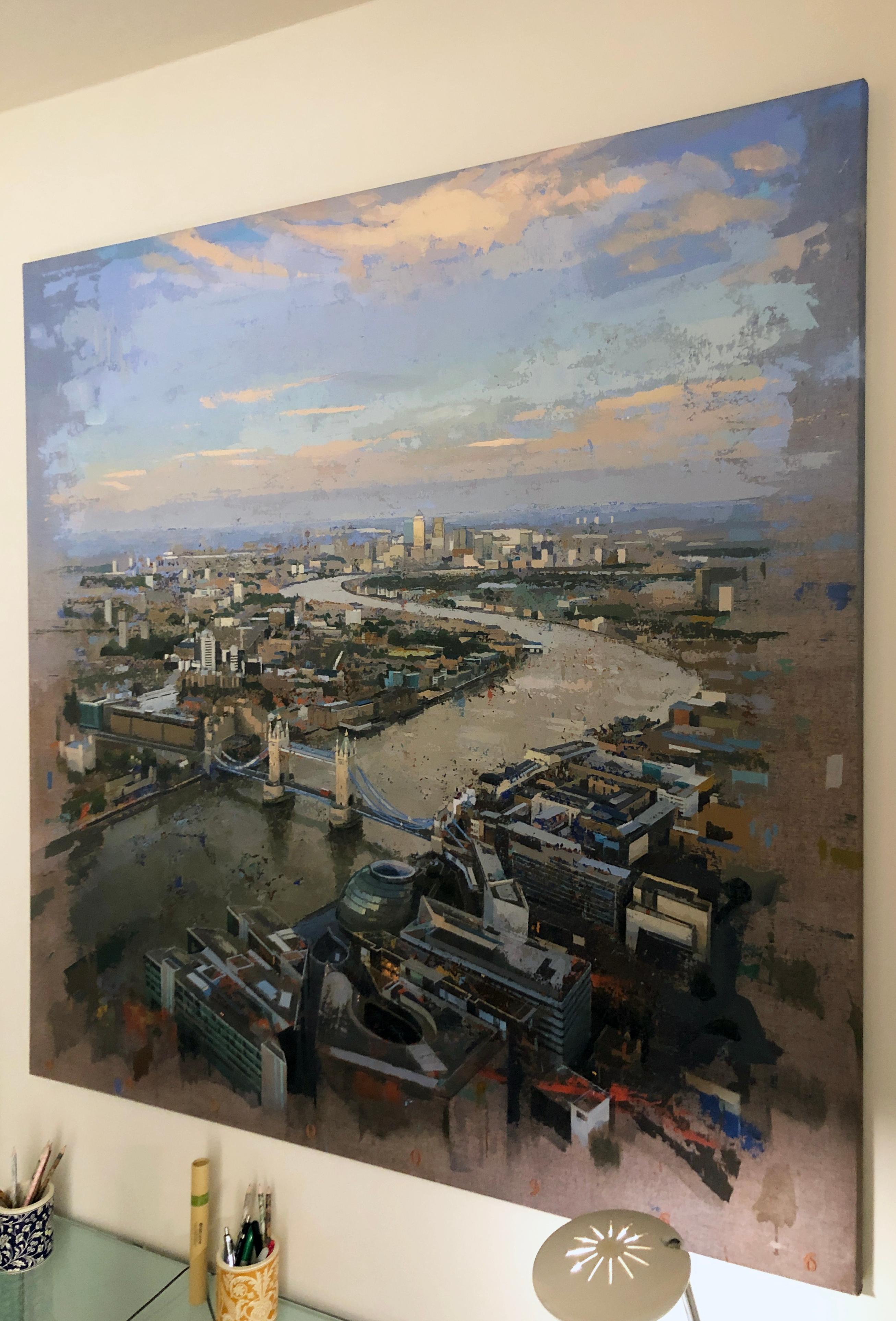 London Bridge - Pittura originale su lino, veduta areale, ponte e fiume Tamigi in vendita 1