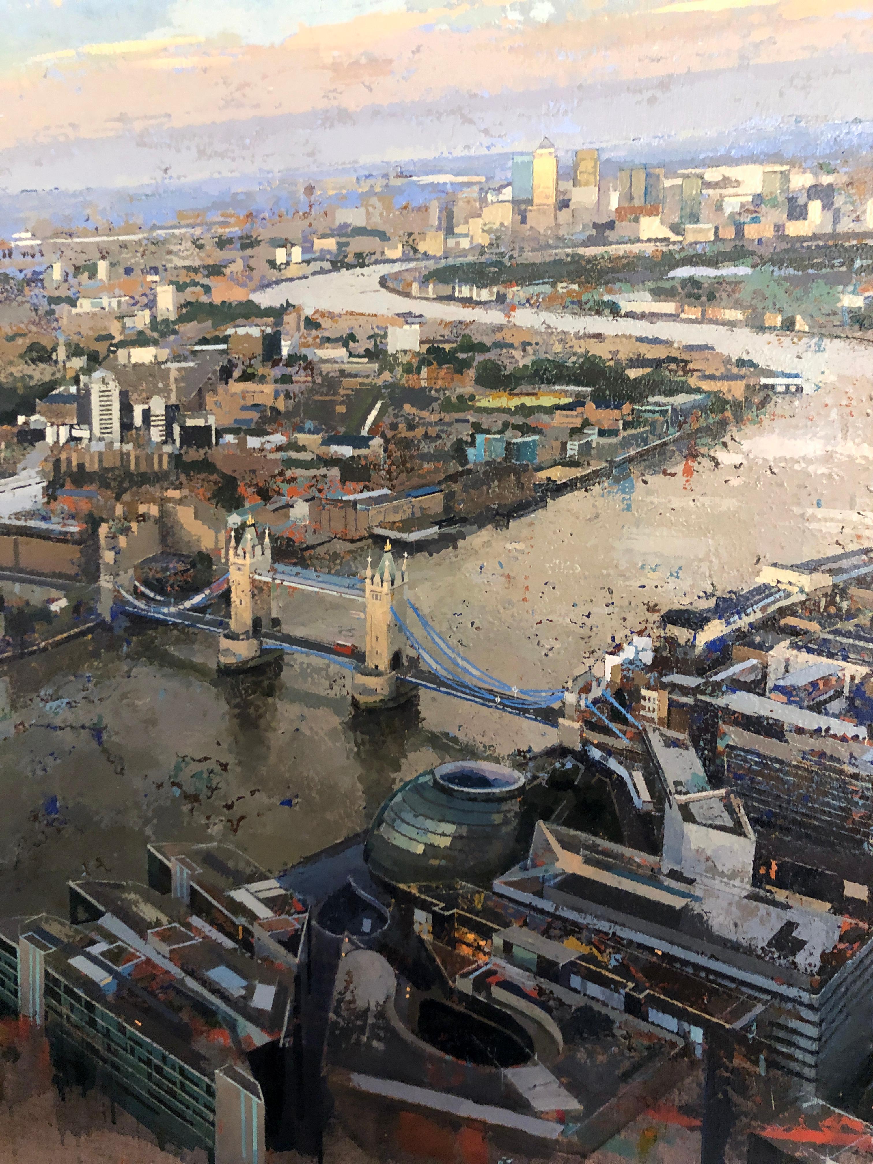 London Bridge - Original Painting on Linen, Areal View, Bridge and River Thames For Sale 5