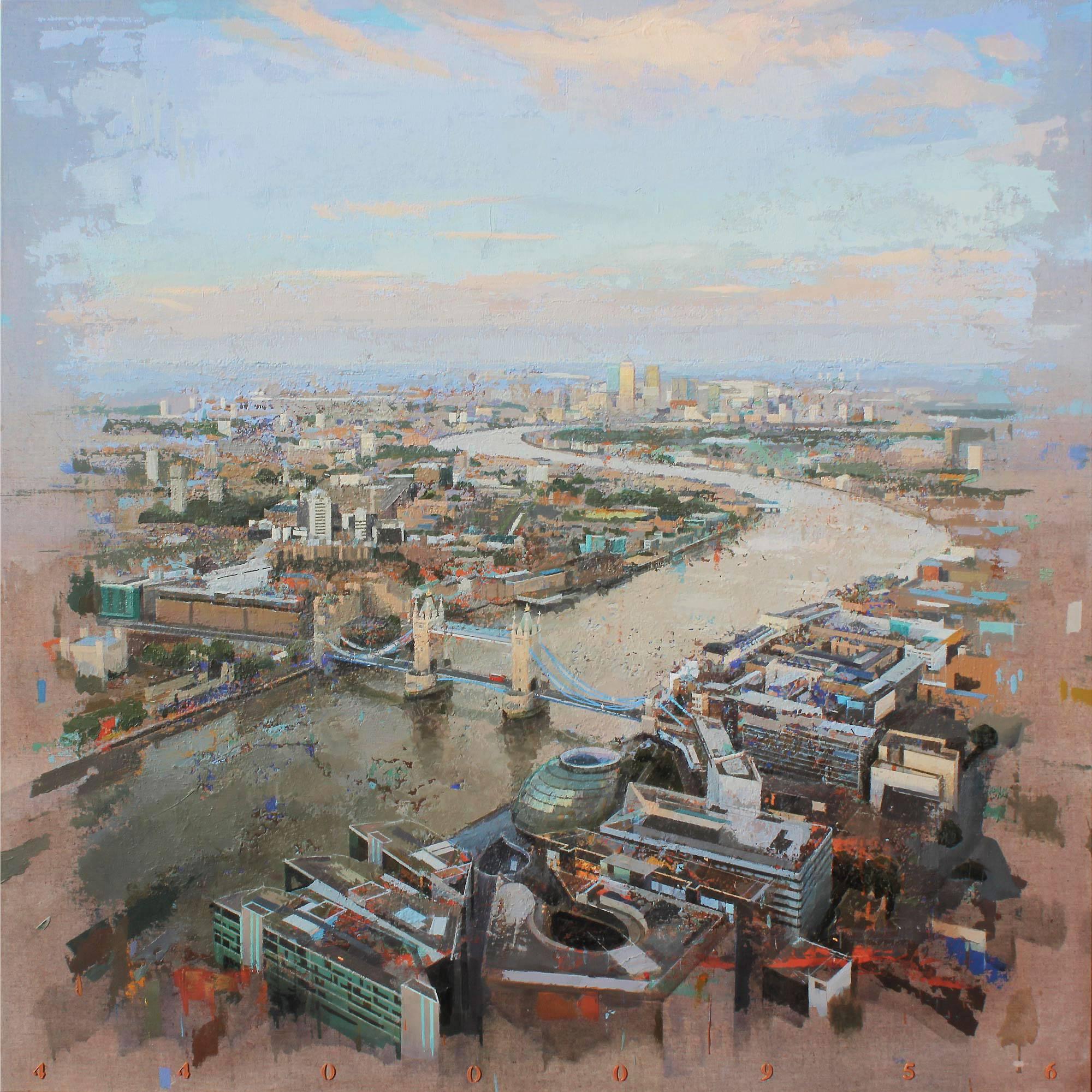 London Bridge - Original Painting on Linen, Areal View, Bridge and River Thames