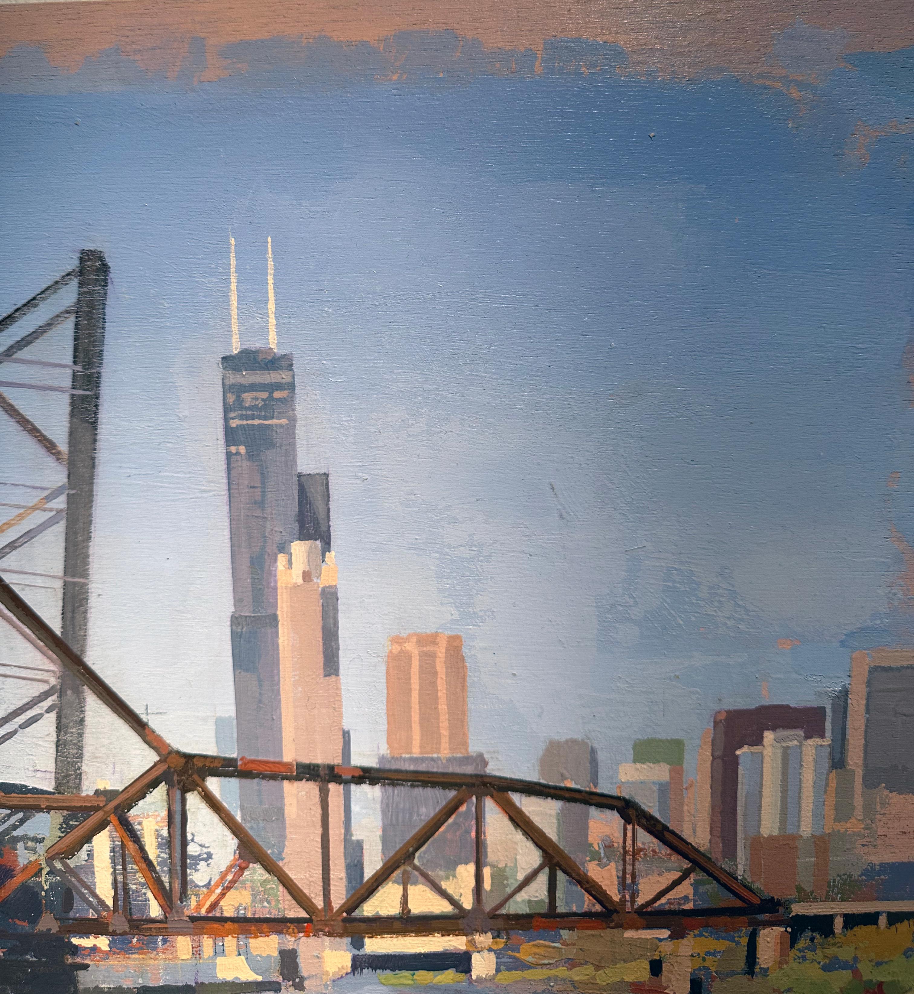 Puente vs. Willis - Paisaje urbano del río Chicago y la Torre Willis - Albert Vidal - Painting Contemporáneo de Albert Vidal Moreno