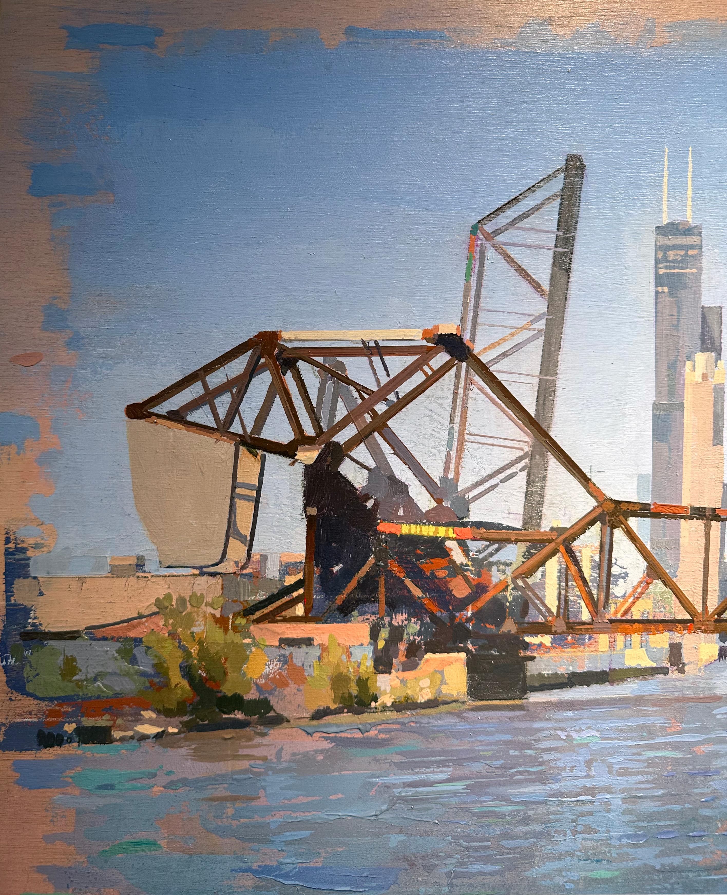 Puente vs. Willis - Paisaje urbano del río Chicago y la Torre Willis - Albert Vidal - Landscape Painting Gris de Albert Vidal Moreno