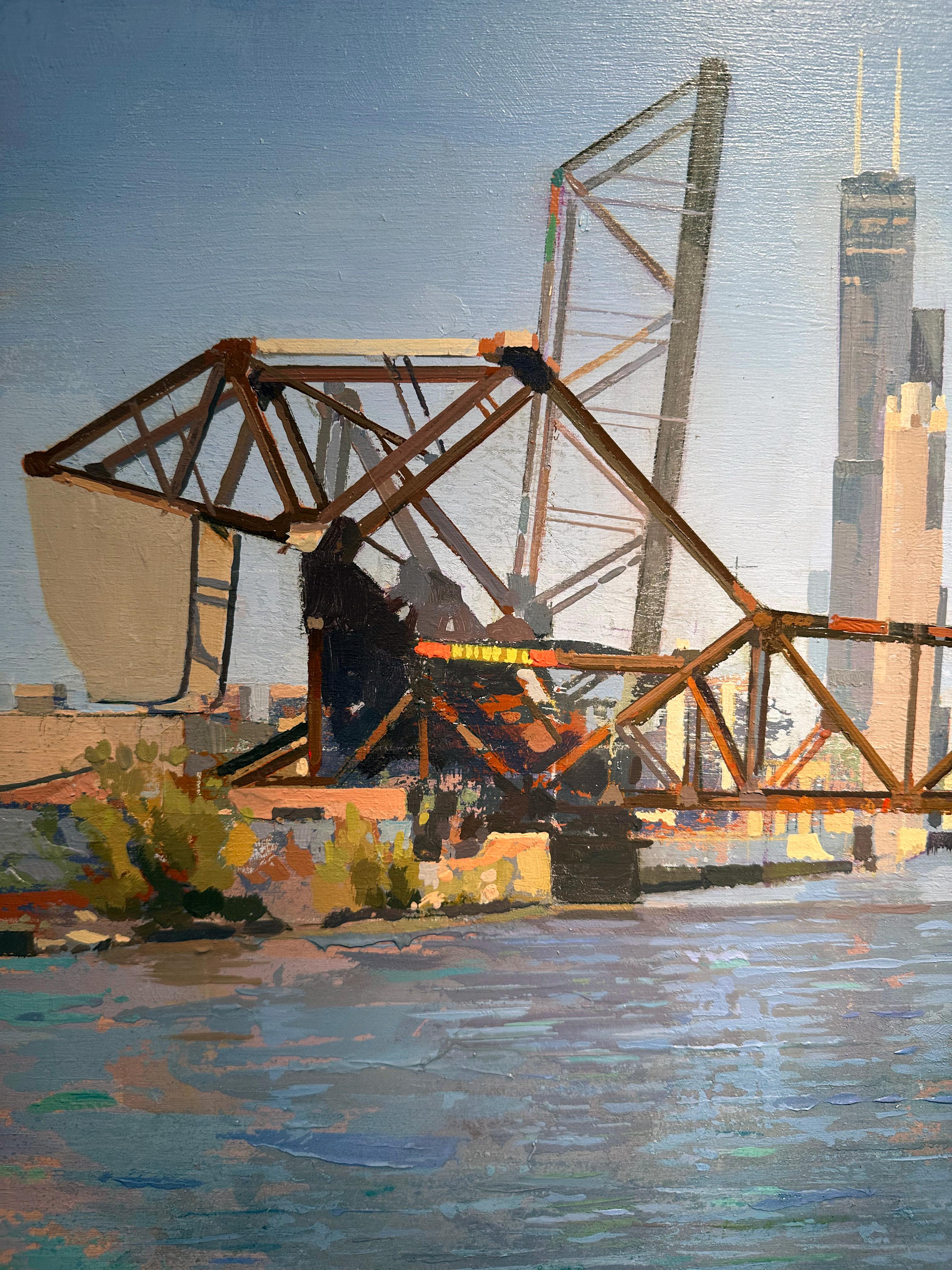 Albert Vidal pinta una vista directa de uno de los puntos más notables del horizonte de Chicago. Utilizando colores vibrantes y una visión abstracta de la arquitectura de la ciudad, Vidal representa un puente que se eleva sobre el río Chicago,