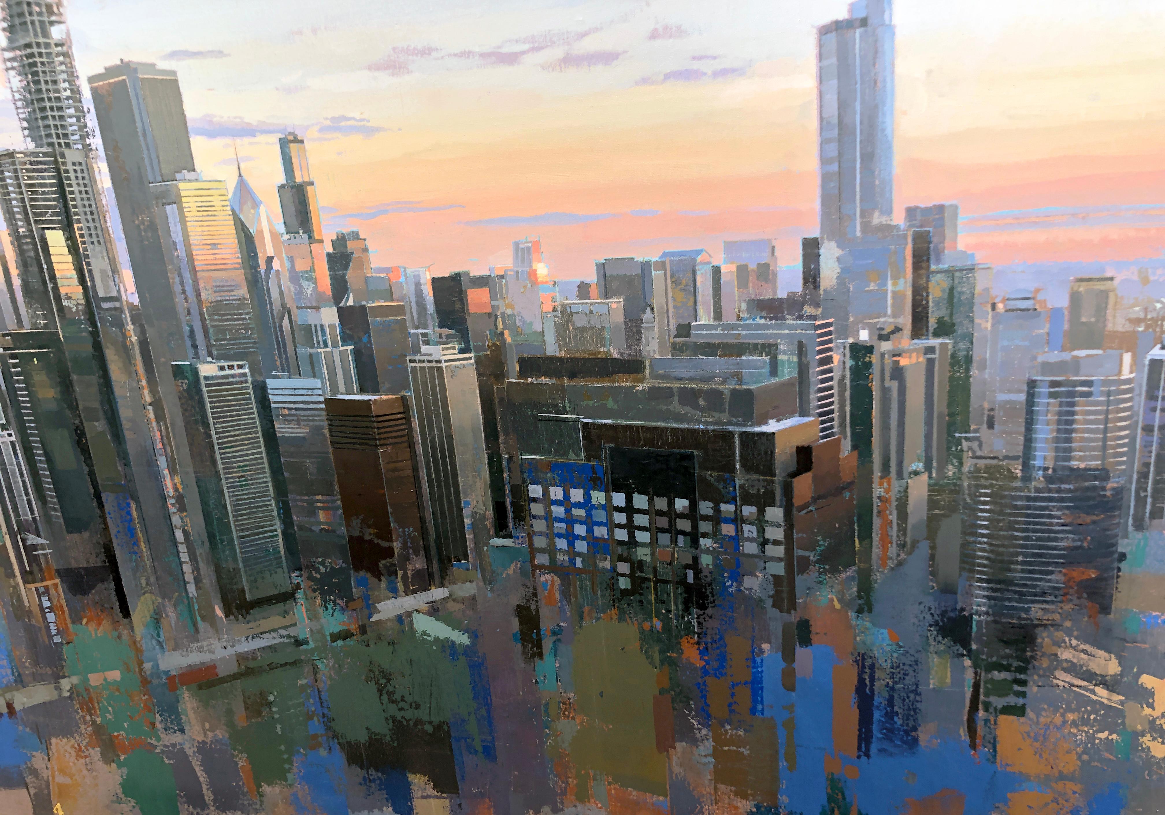 From Lake Point Towers, Birds Eye View of Chicago Looking East, Oil & Acrylic 5