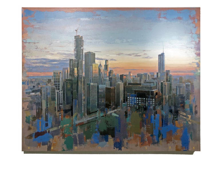 From Lake Point Towers, Birds Eye View of Chicago Looking East, Oil & Acrylic - Painting by Albert Vidal Moreno