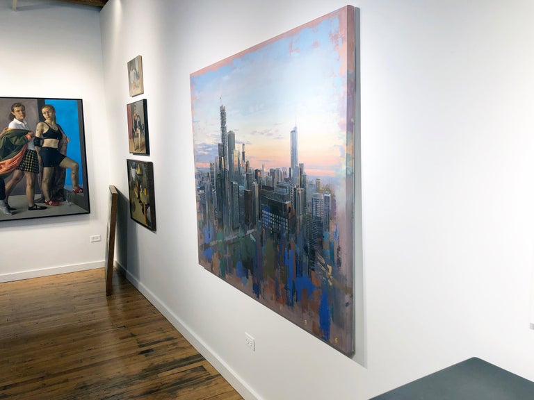 From Lake Point Towers, Birds Eye View of Chicago Looking East, Oil & Acrylic - Contemporary Painting by Albert Vidal Moreno