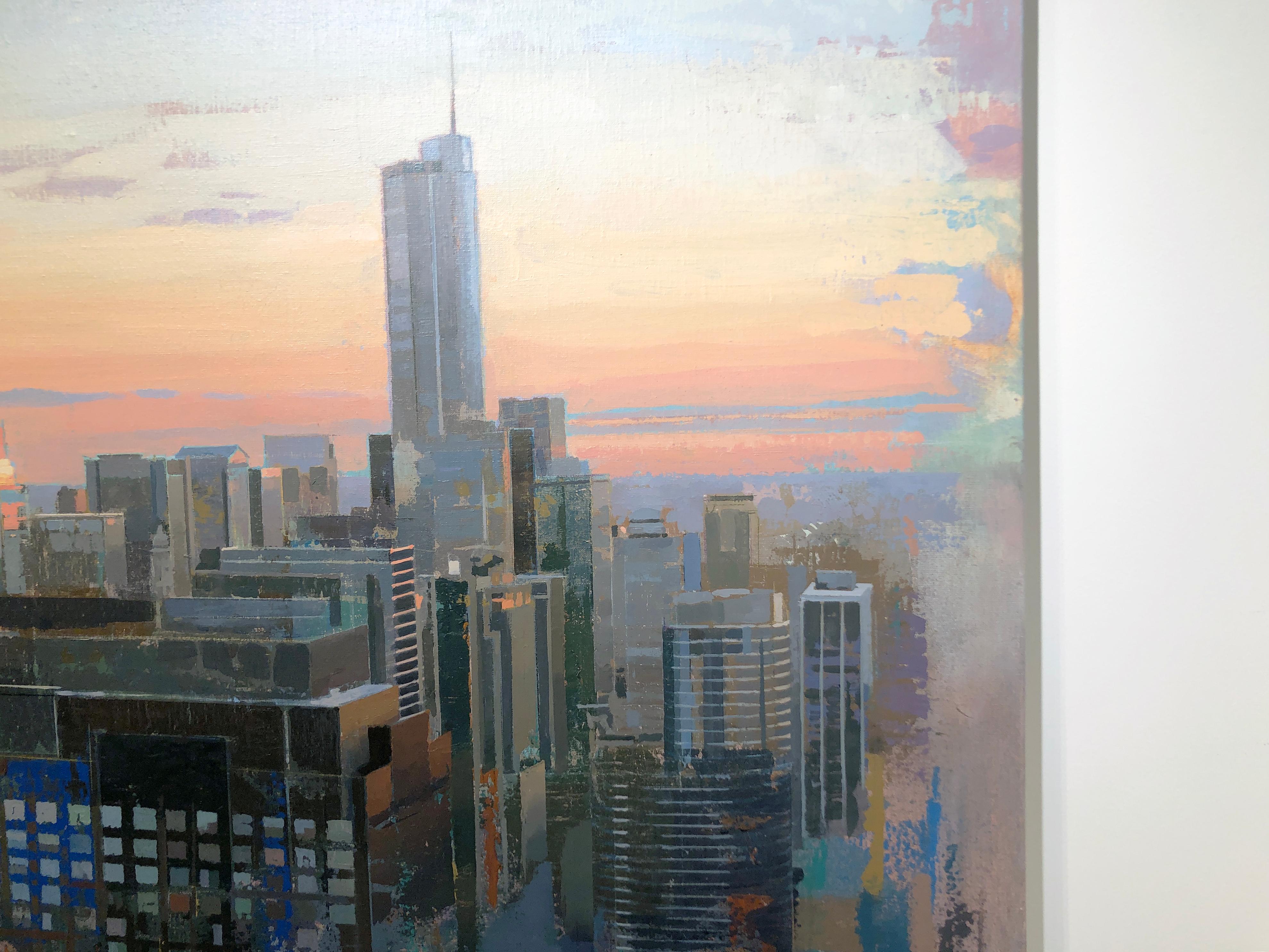 From Lake Point Towers, Birds Eye View of Chicago Looking East, Oil & Acrylic - Contemporary Painting by Albert Vidal Moreno