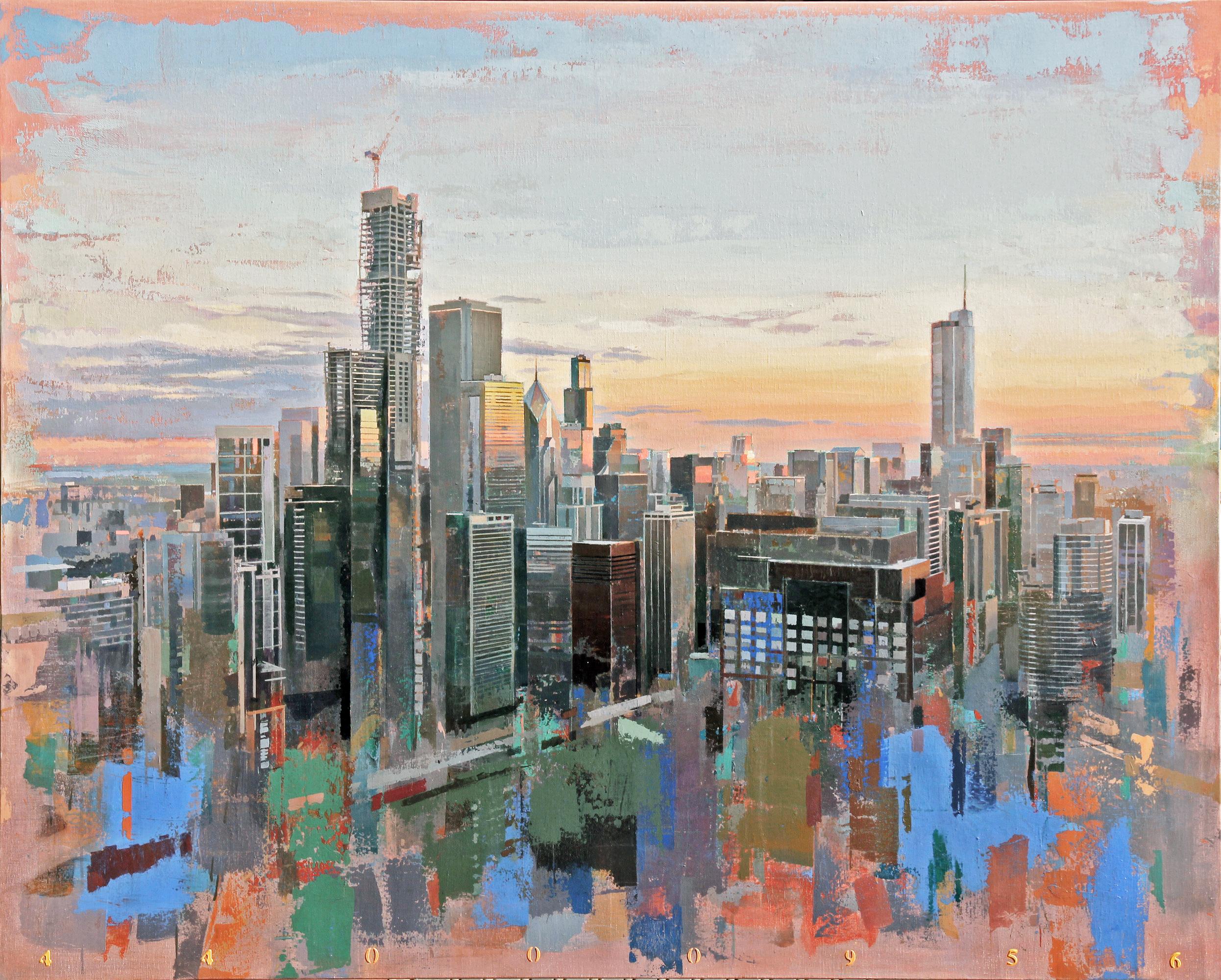 Albert Vidal Moreno Abstract Painting - From Lake Point Towers, Birds Eye View of Chicago Looking East, Oil & Acrylic