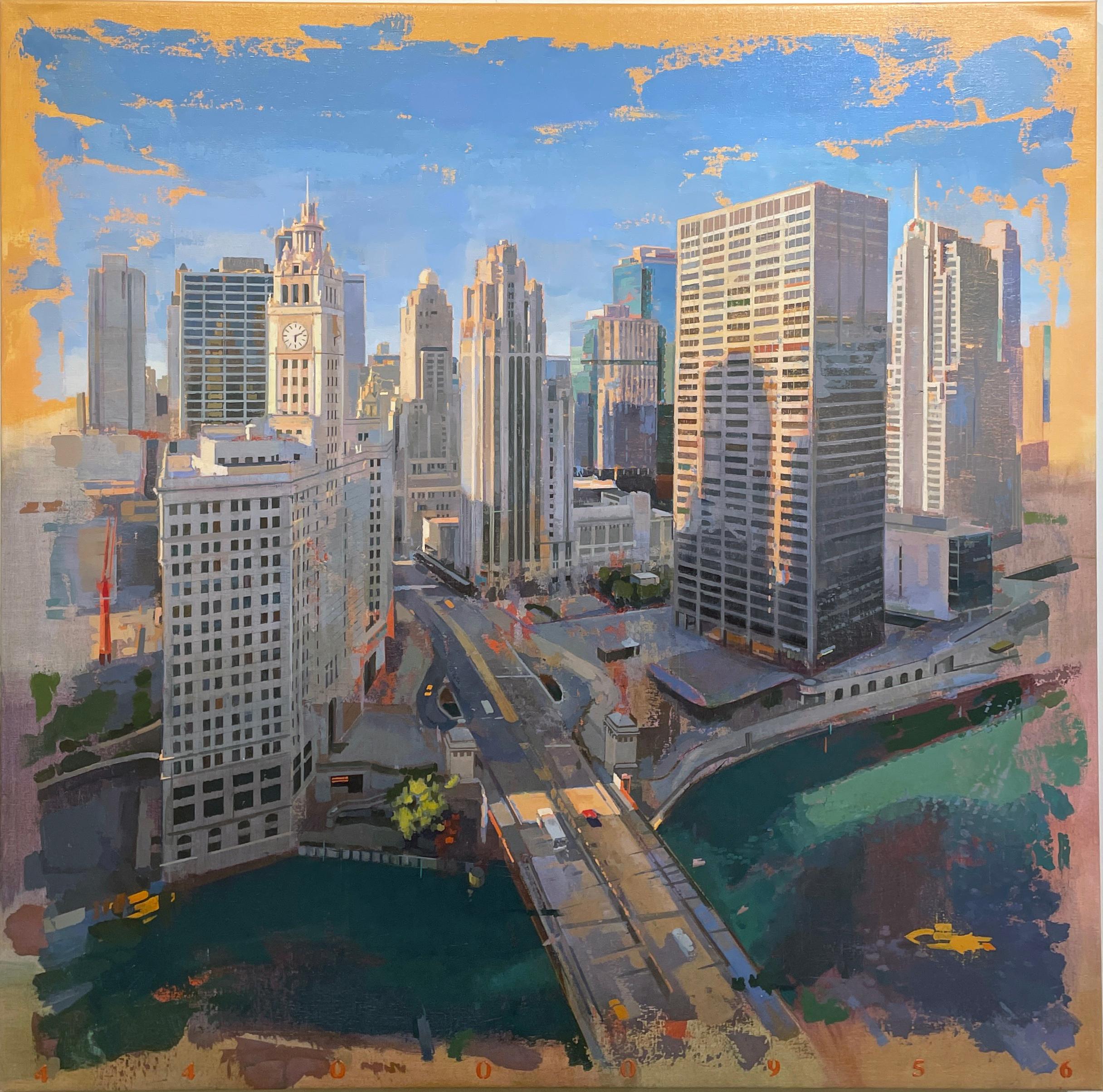 Chicago von London – Vogel-Eye- Ansicht aus dem London House Hotel, Chicago, IL (Zeitgenössisch), Painting, von Albert Vidal Moreno