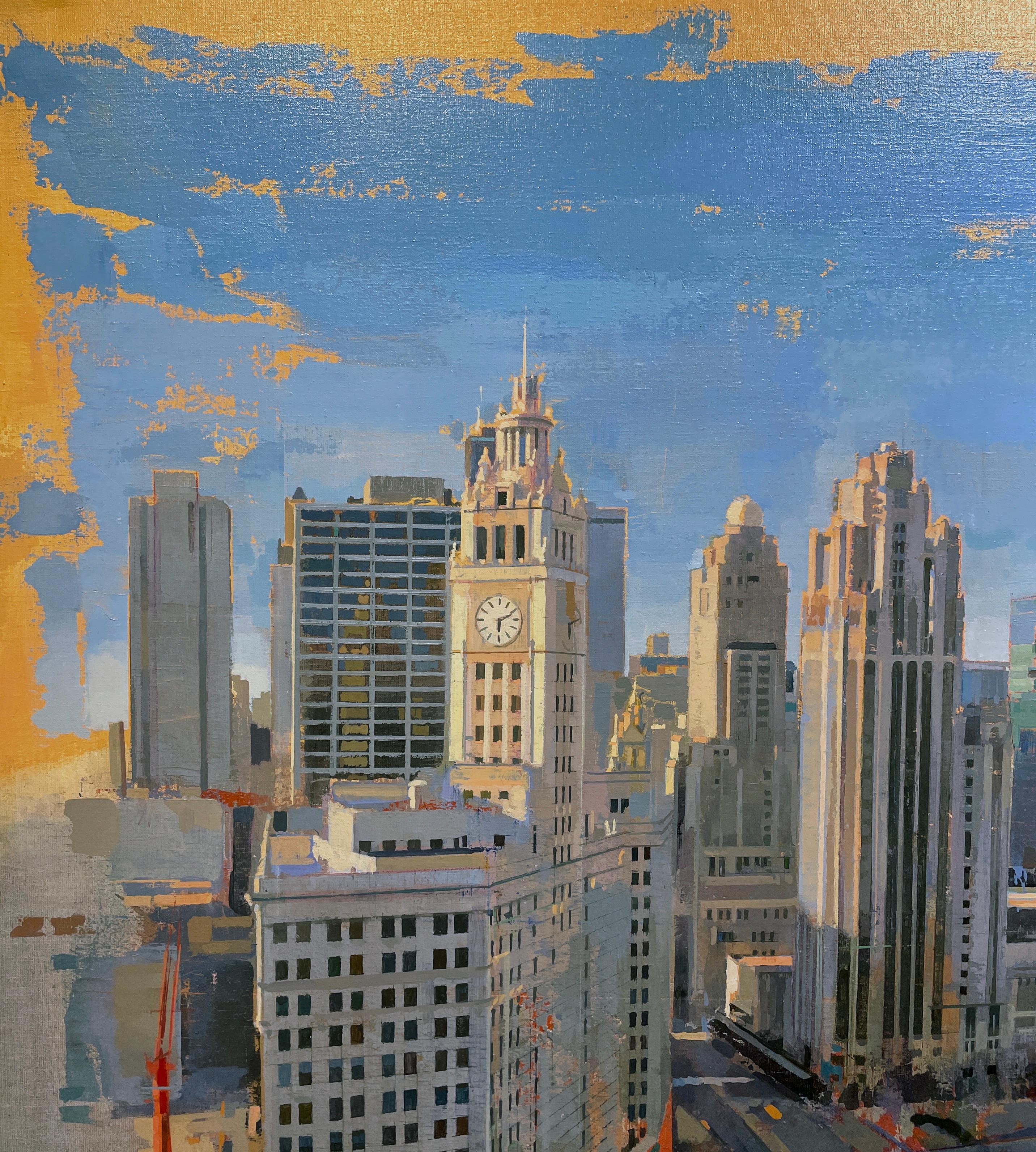 Chicago depuis Londres - Vue oiseaux à partir de l'hôtel London House, Chicago, IL - Gris Abstract Painting par Albert Vidal Moreno