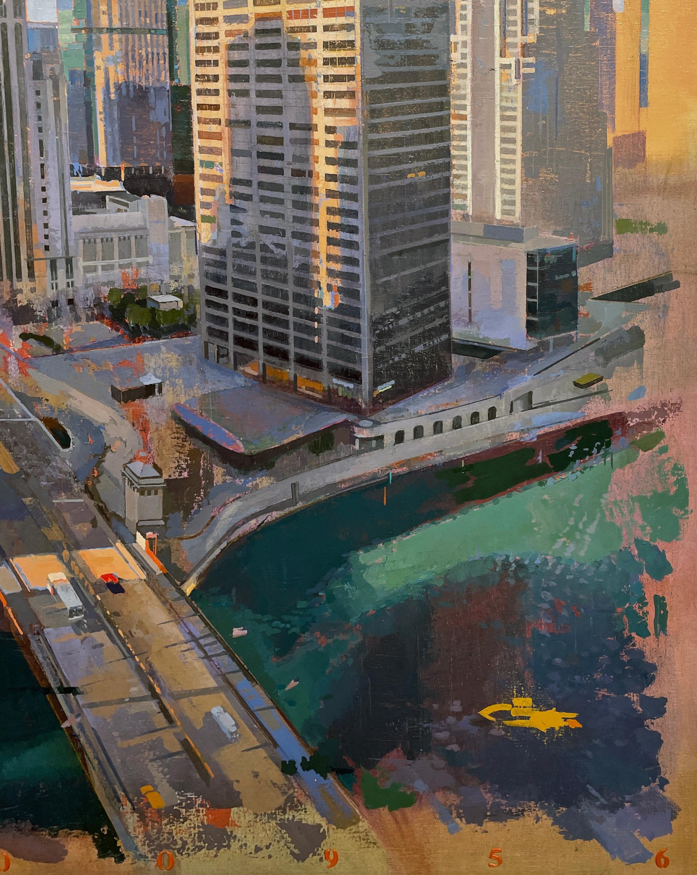 Chicago From London - Birds-Eye View From the London House Hotel, Chicago, IL - Contemporary Painting by Albert Vidal Moreno