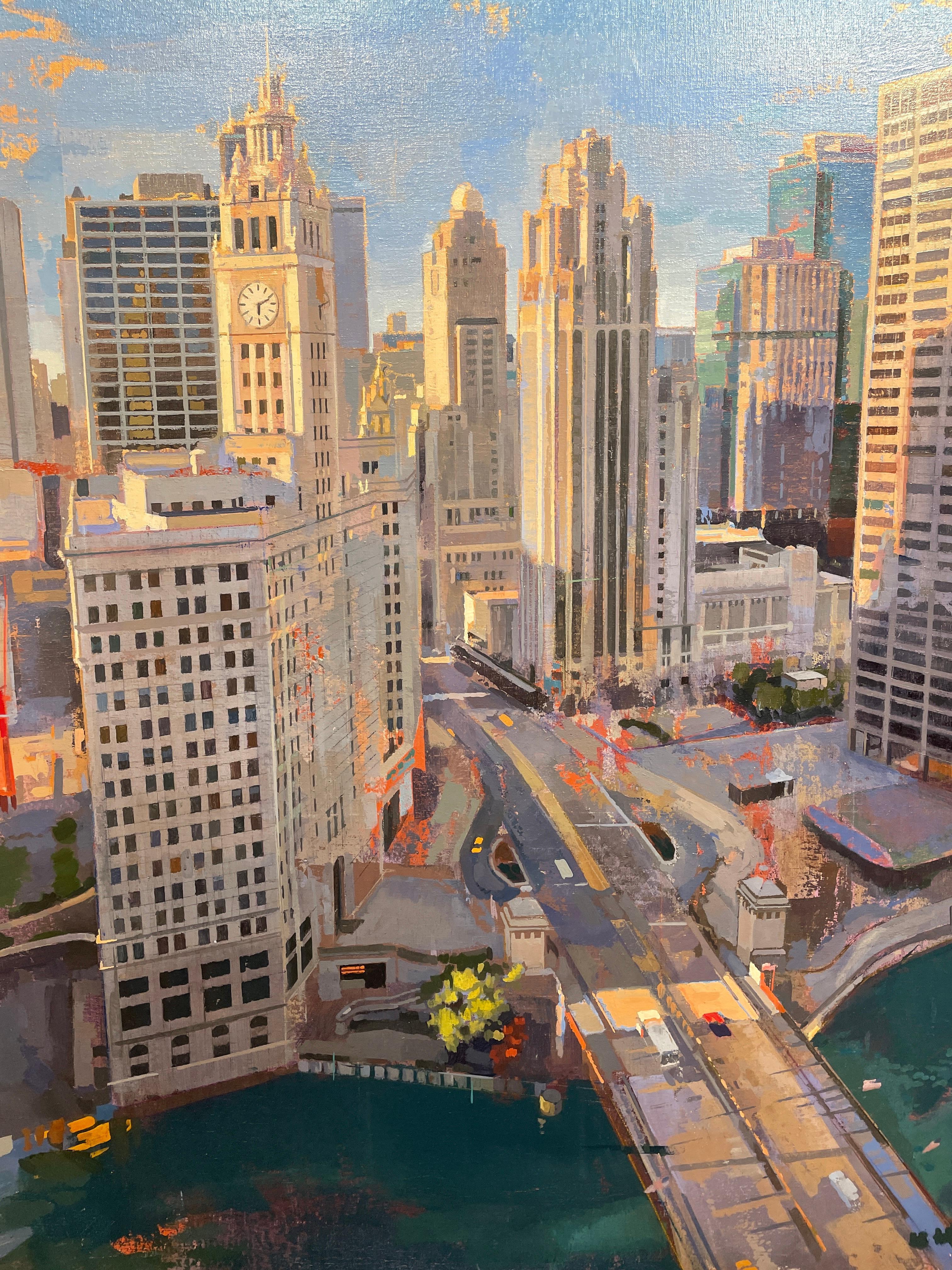 Chicago From London - Birds-Eye View From the London House Hotel, Chicago, IL - Gray Abstract Painting by Albert Vidal Moreno
