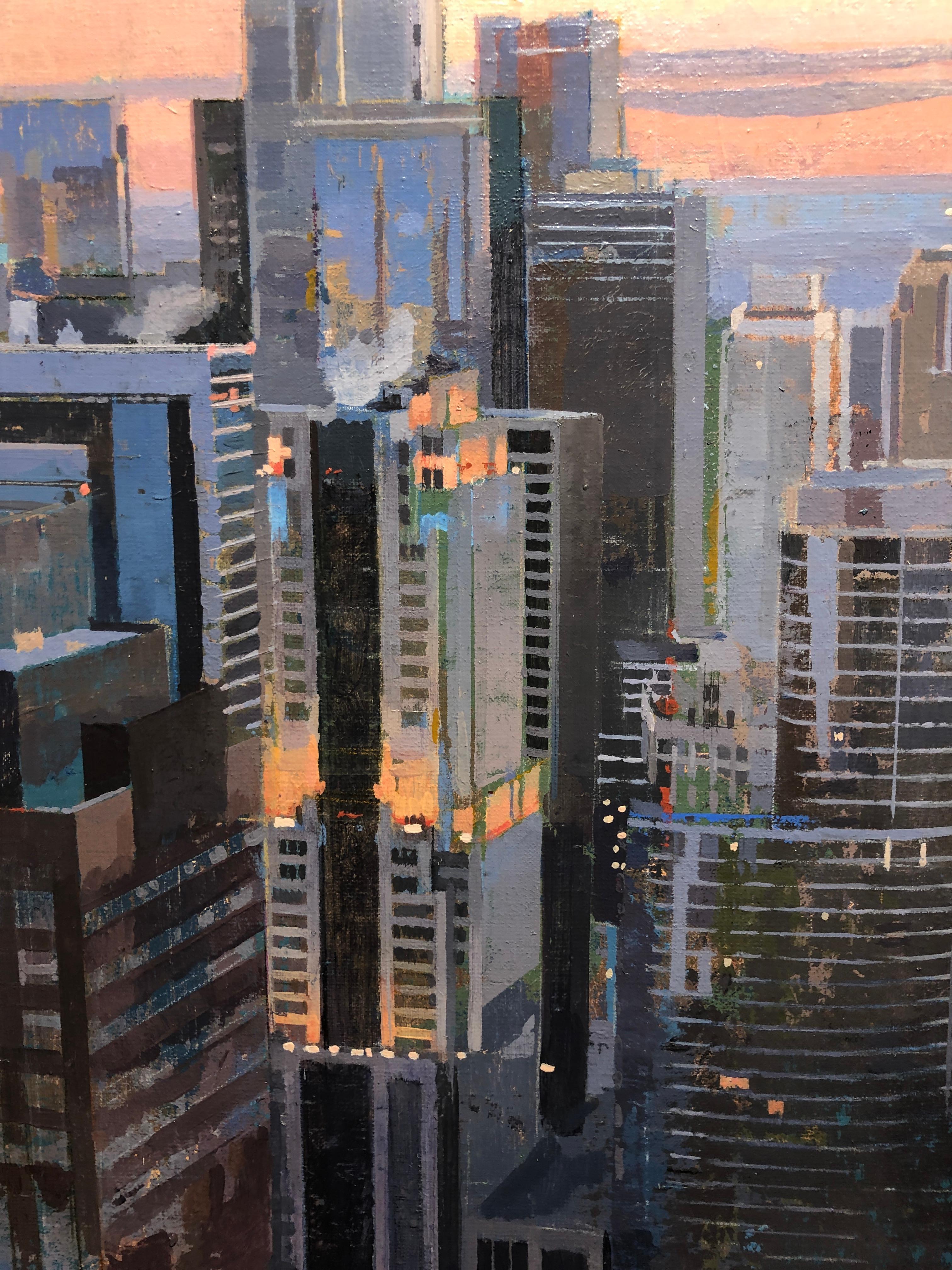 I Know Everything - Birds Eye View of Chicago Looking East, Oil & Acrylic - Painting by Albert Vidal Moreno