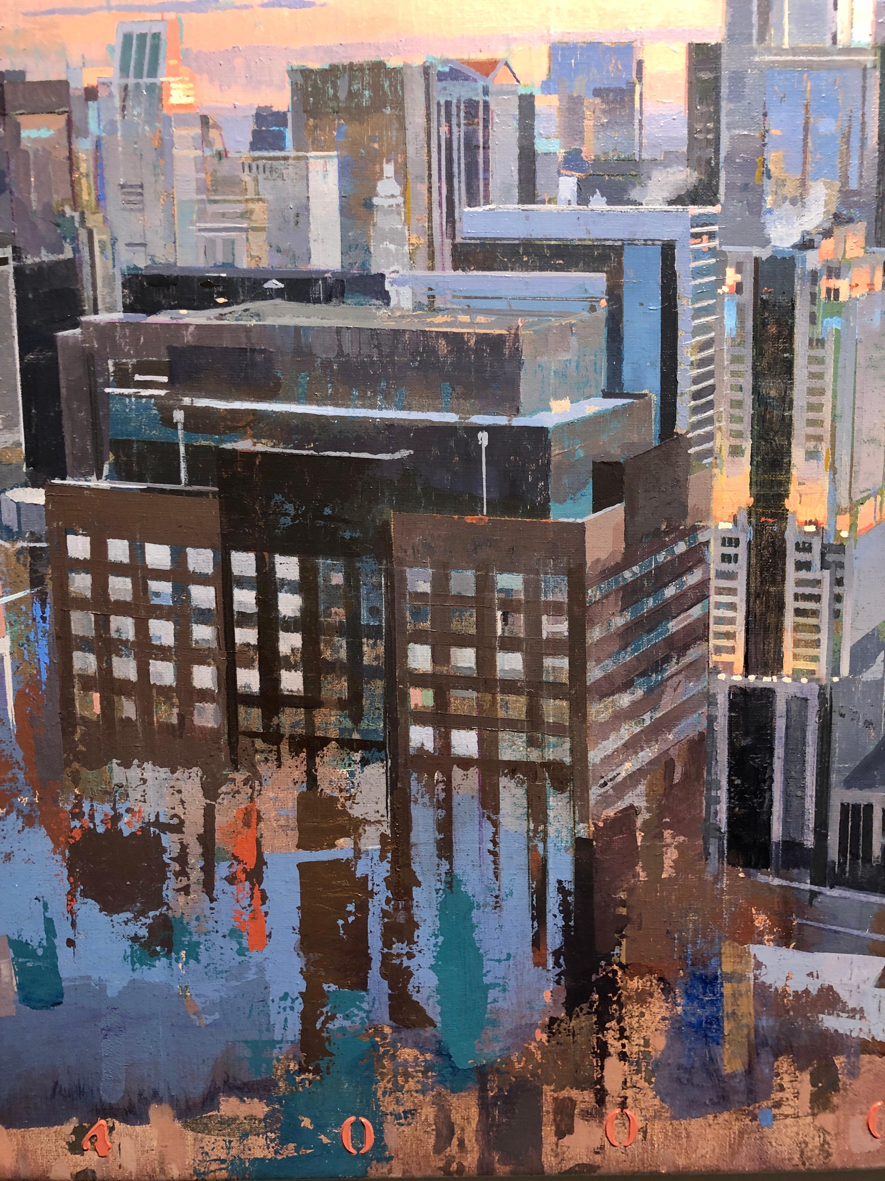 Je sais tout - Vue à l'œil d'oiseaux de Chicago en regardant l'est, huile et acrylique - Beige Abstract Painting par Albert Vidal Moreno