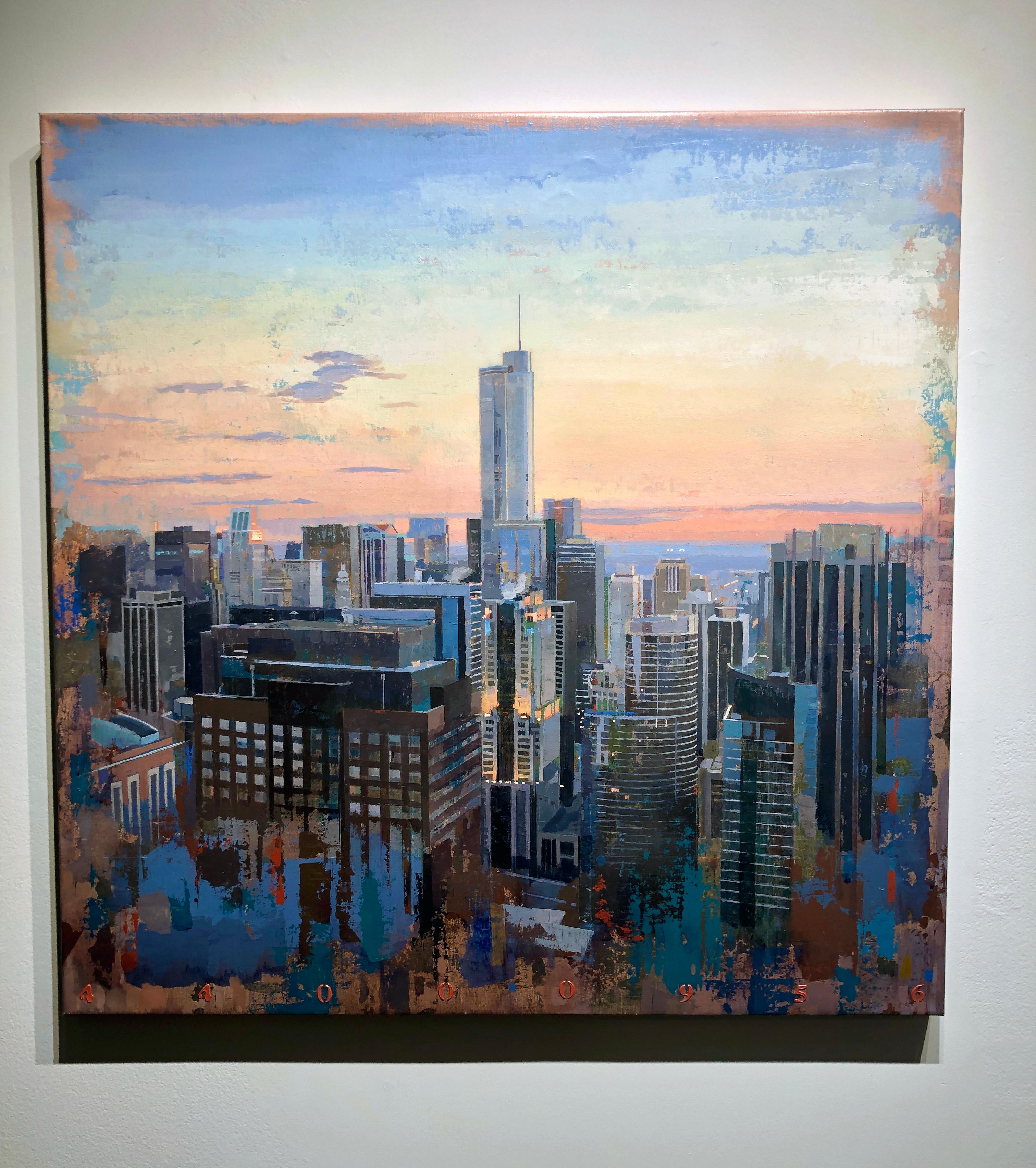 I Know Everything - Birds Eye View of Chicago Looking East, Oil & Acrylic - Contemporary Painting by Albert Vidal Moreno